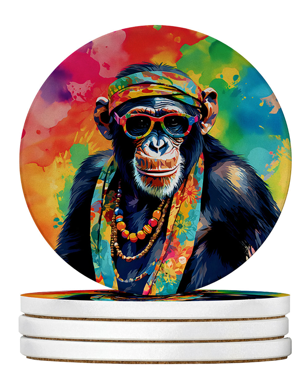 Hippie Animal Chimpanzee Large Sandstone Coasters Pack of 4 Absorbent Round Coasters Decor Gifts for Men or Women, 4 in, Multicolor