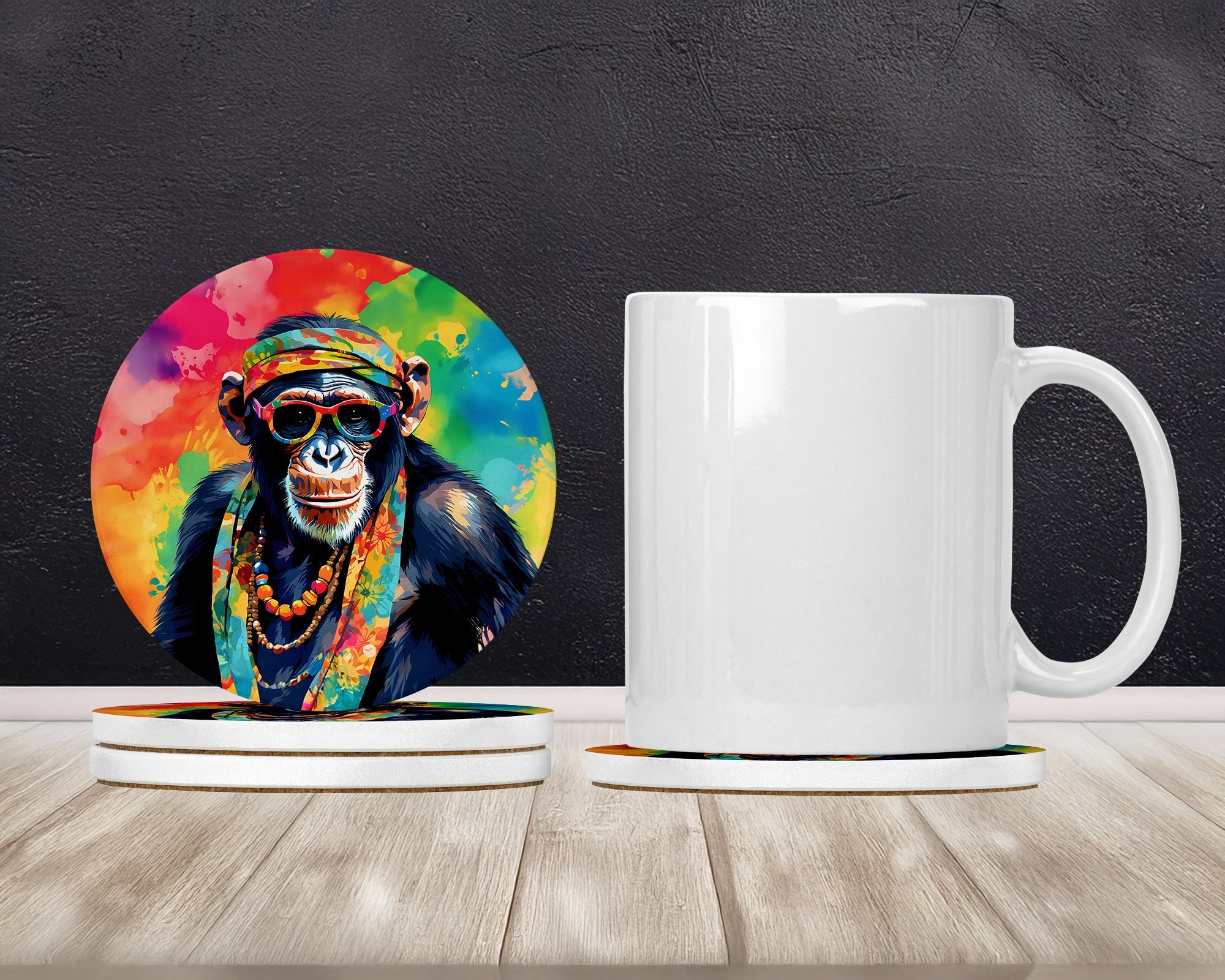 Hippie Animal Chimpanzee Large Sandstone Coasters Pack of 4 Absorbent Round Coasters Decor Gifts for Men or Women, 4 in, Multicolor