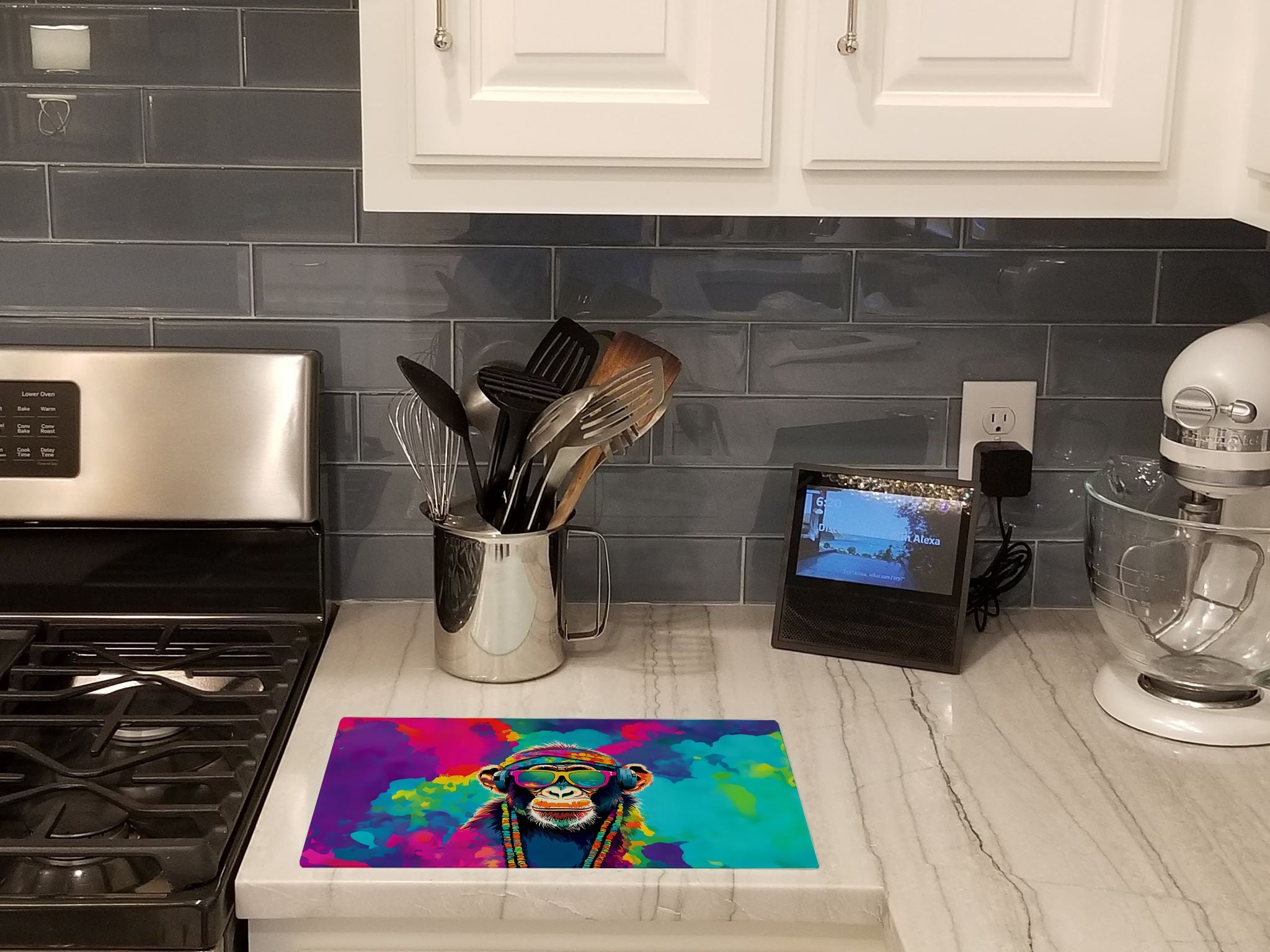 Hippie Animal Chimpanzee Cutting Board Tempered Glass Kitchen Cutting Surface, Heat Resistant Chopping, Non-Slip Feet, Food Prep & Serving