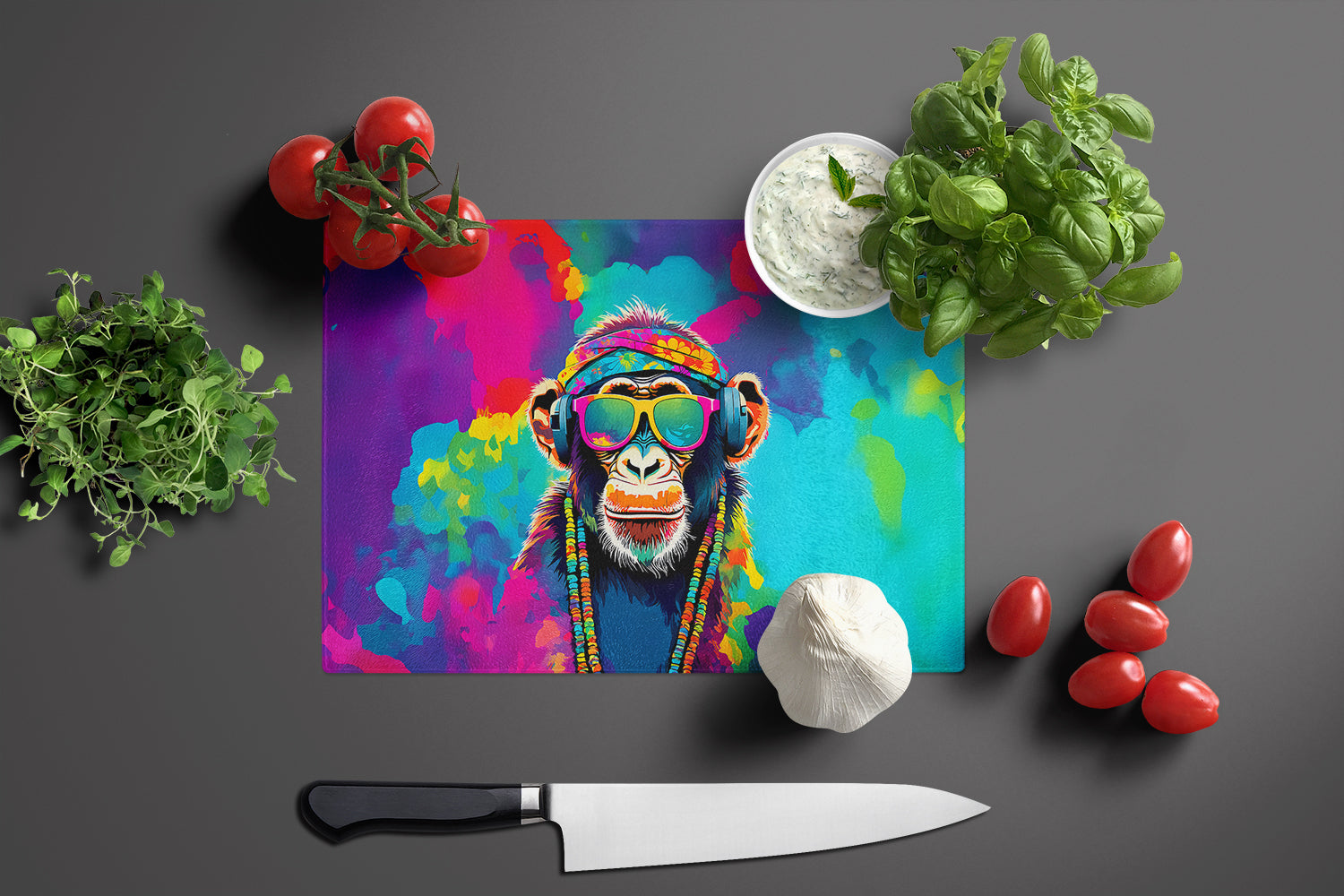 Hippie Animal Chimpanzee Cutting Board Tempered Glass Kitchen Cutting Surface, Heat Resistant Chopping, Non-Slip Feet, Food Prep & Serving