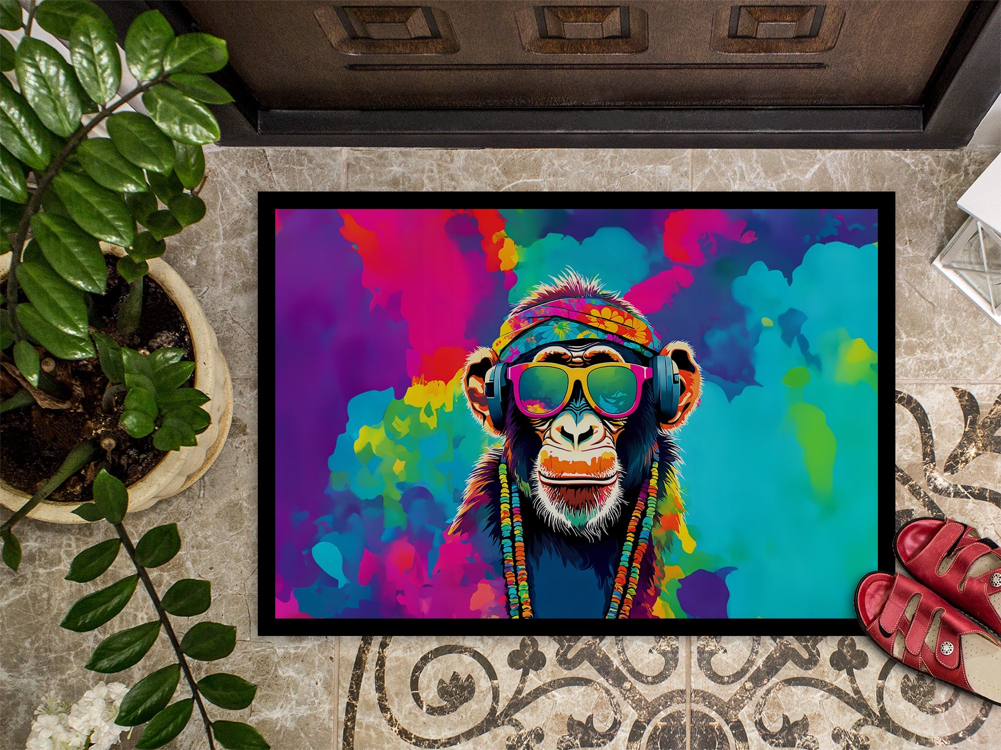 Hippie Animal Chimpanzee Doormat Indoor Outdoor 18H X 27W Front Door Mat Rugs for Entryway, Non Slip Washable