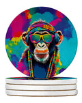Hippie Animal Chimpanzee Large Sandstone Coasters Pack of 4 Absorbent Round Coasters Decor Gifts for Men or Women, 4 in, Multicolor