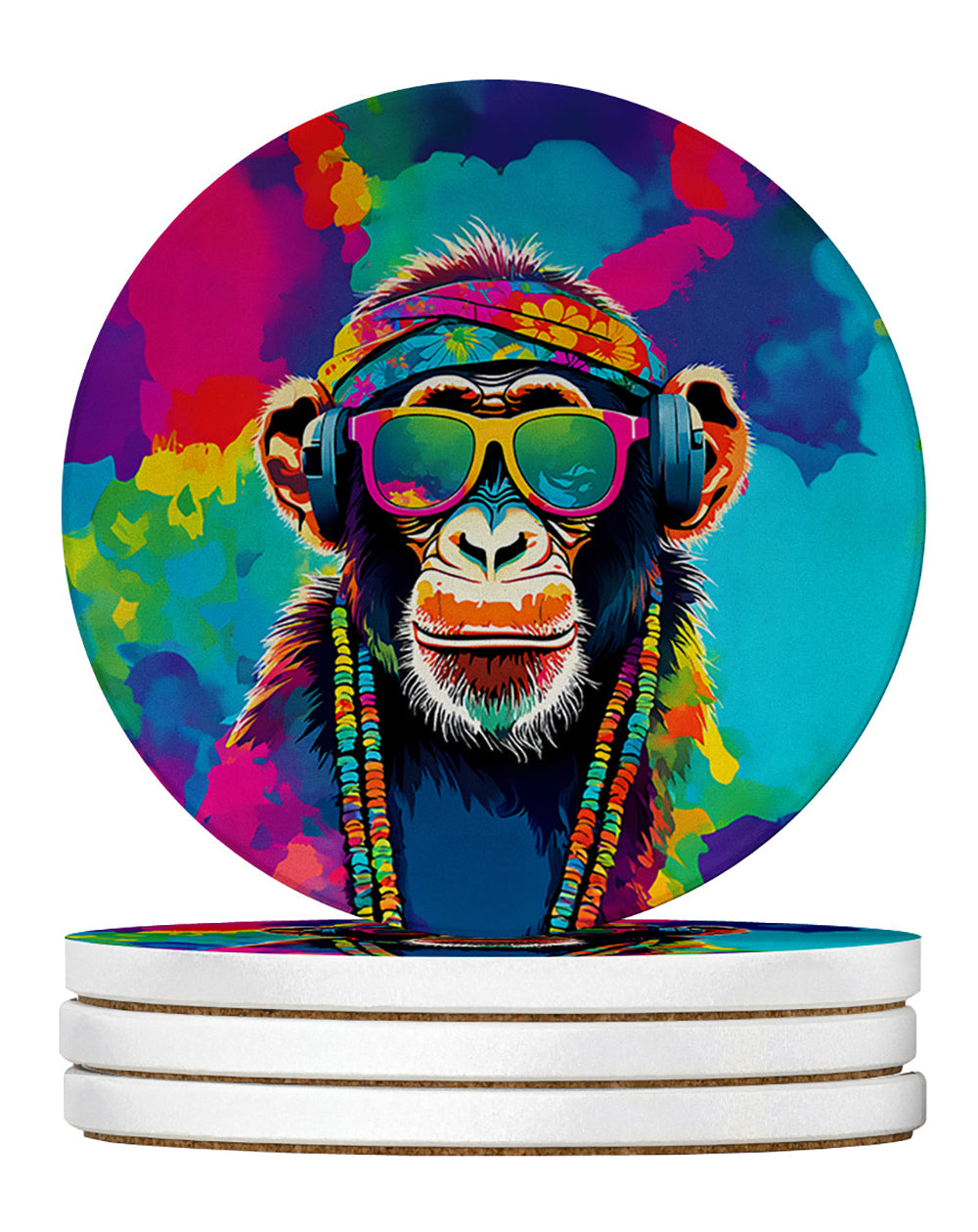 Hippie Animal Chimpanzee Large Sandstone Coasters Pack of 4 Absorbent Round Coasters Decor Gifts for Men or Women, 4 in, Multicolor