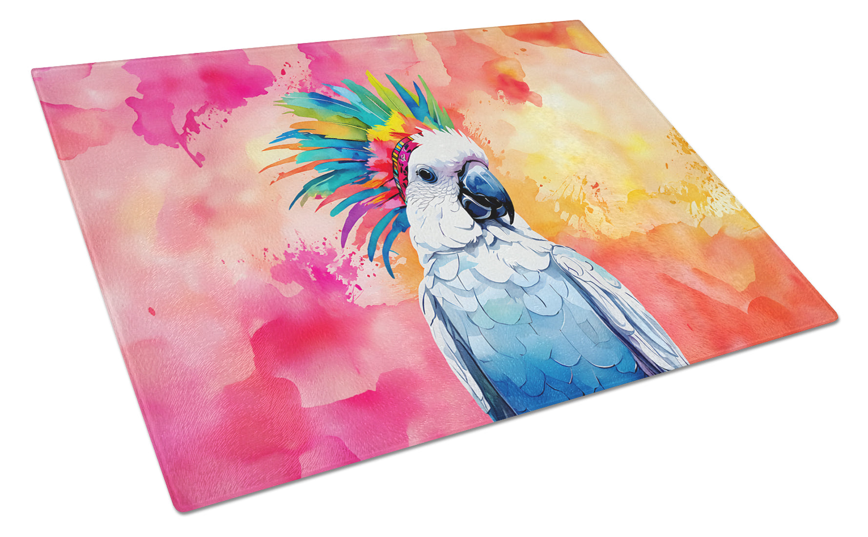 Hippie Animal Cockatoo Cutting Board Tempered Glass Kitchen Cutting Surface, Heat Resistant Chopping, Non-Slip Feet, Food Prep & Serving