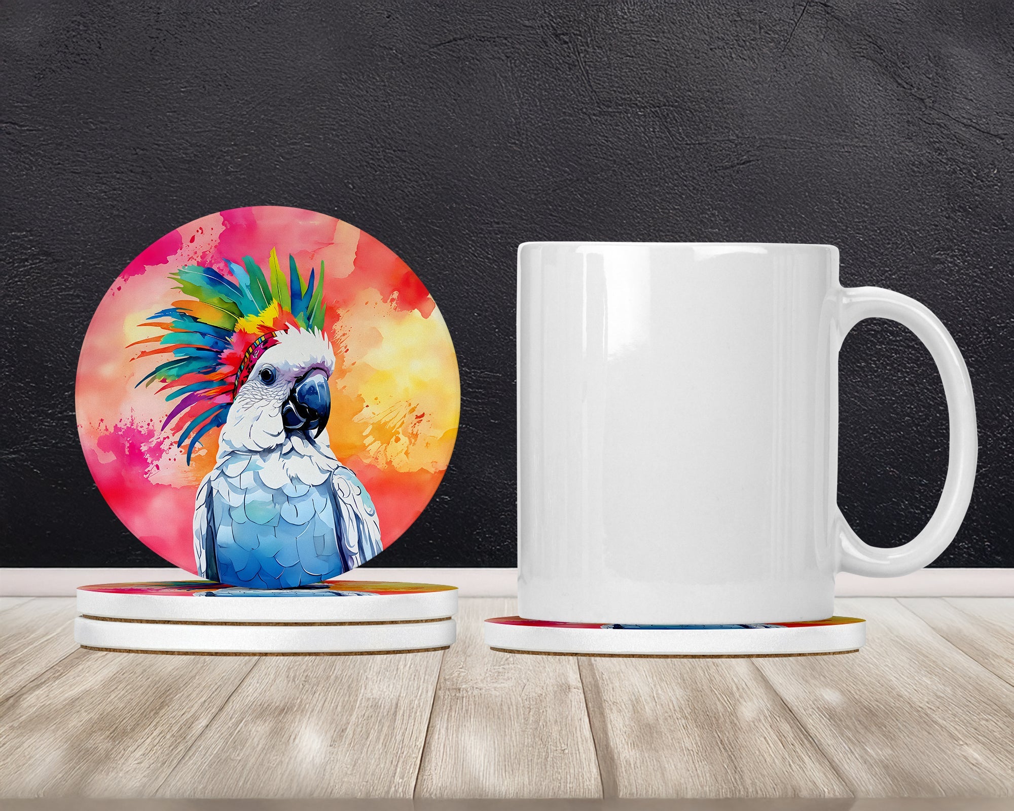Hippie Animal Cockatoo Large Sandstone Coasters Pack of 4 Absorbent Round Coasters Decor Gifts for Men or Women, 4 in, Multicolor