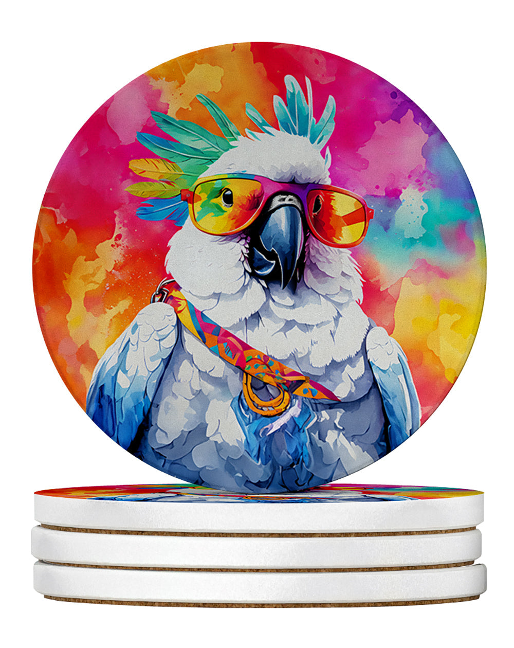 Hippie Animal Cockatoo Large Sandstone Coasters Pack of 4 Absorbent Round Coasters Decor Gifts for Men or Women, 4 in, Multicolor