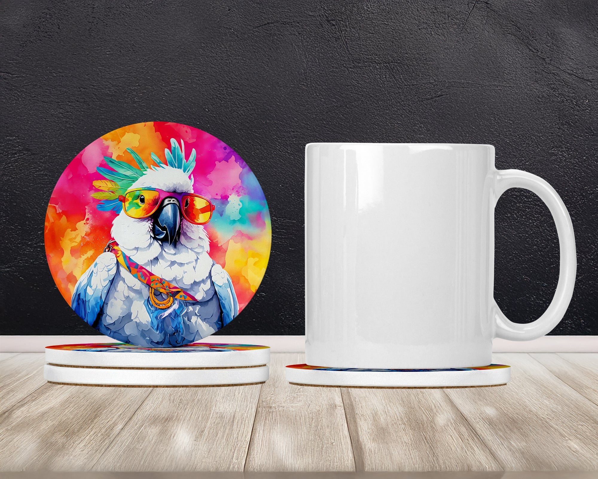 Hippie Animal Cockatoo Large Sandstone Coasters Pack of 4 Absorbent Round Coasters Decor Gifts for Men or Women, 4 in, Multicolor