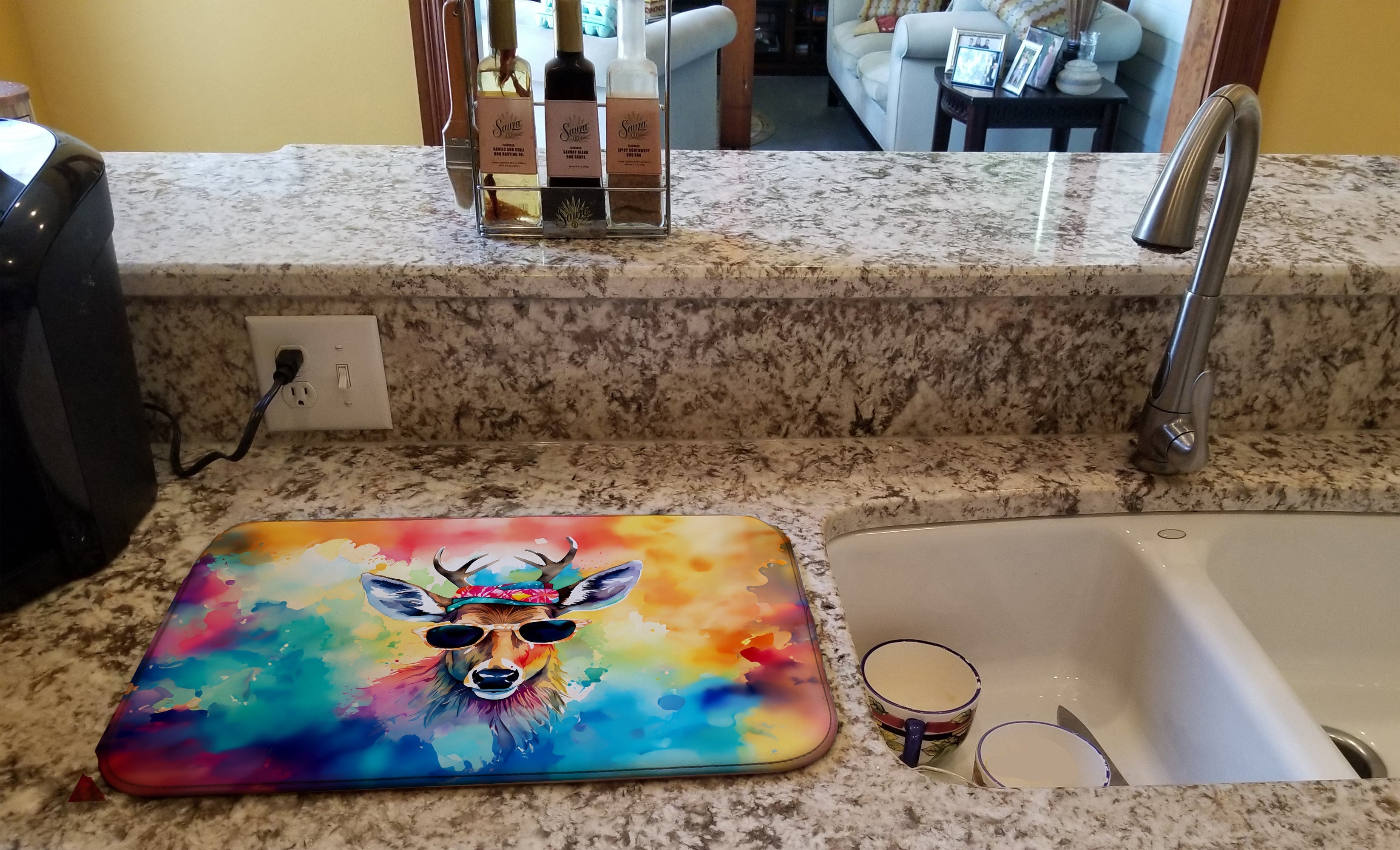 Hippie Animal Deer Dish Drying Mat Absorbent Dish Drying Mat Pad for Kitchen Counter Dish Drainer Mat for Countertop, 14 x 21", Multicolor