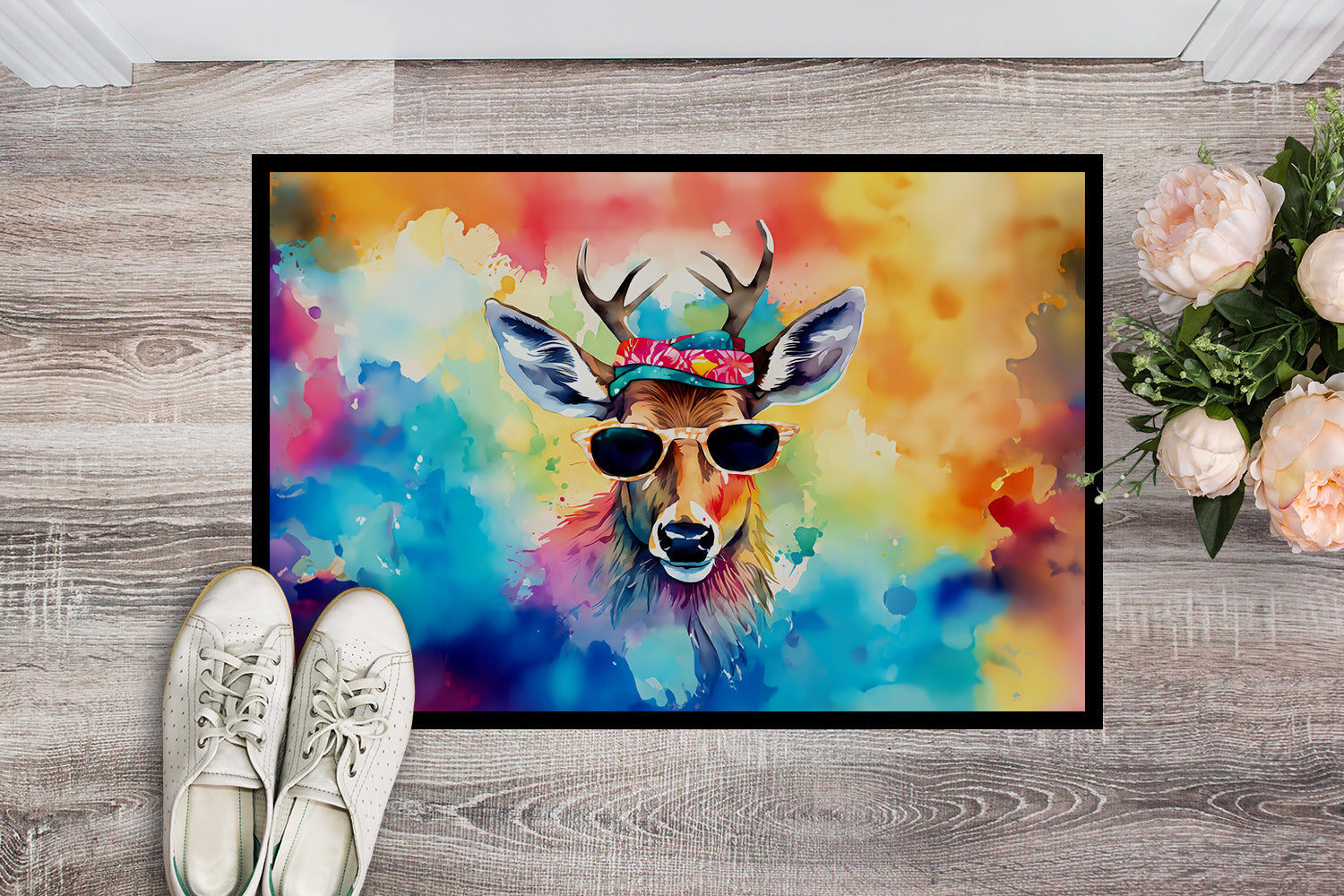 Hippie Animal Deer Doormat Indoor Outdoor 18H X 27W Front Door Mat Rugs for Entryway, Non Slip Washable
