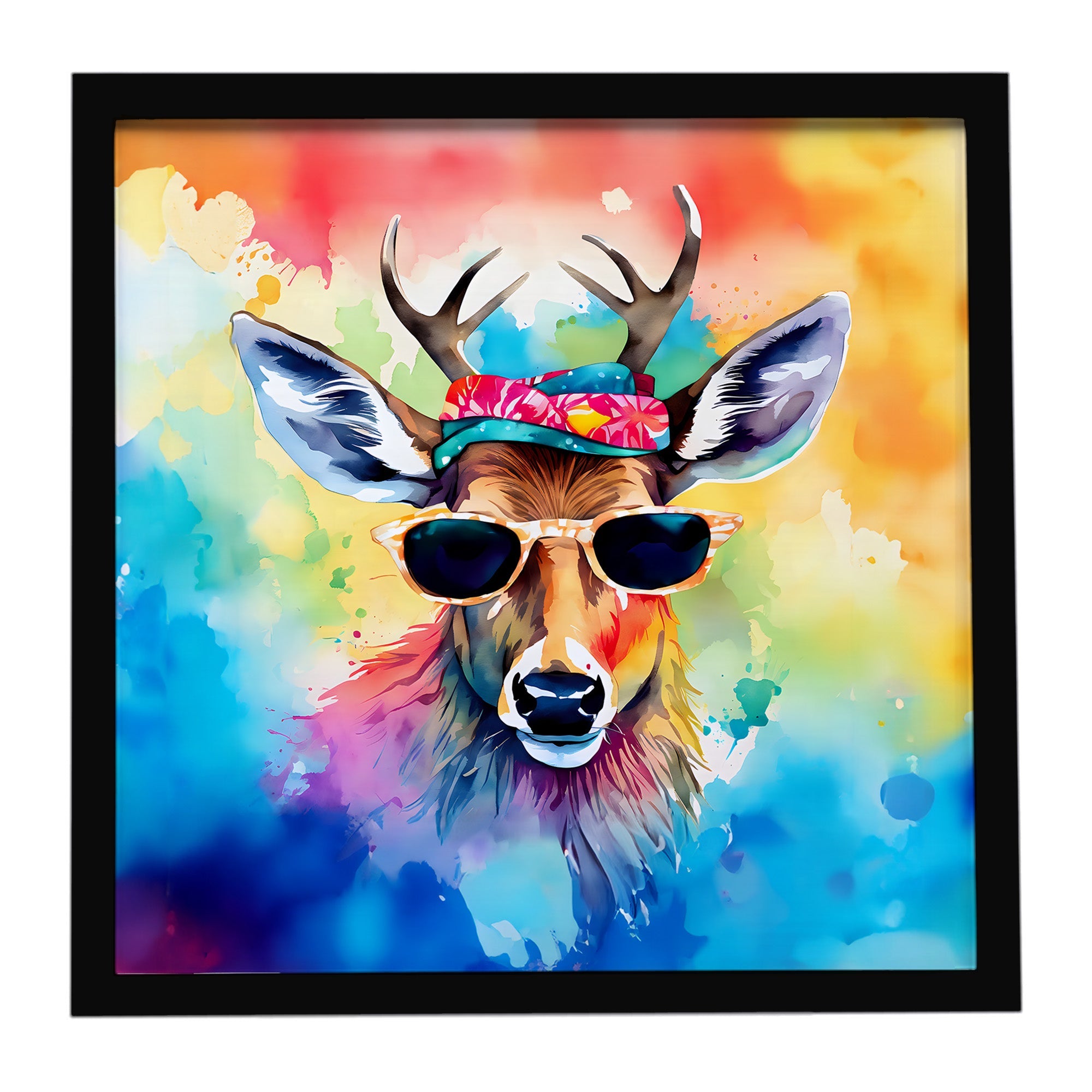 Hippie Animal Deer Framed Metal Print Bathroom, Kitchen, Office, Home Decor Wall Art Ready to Hang, Square, 8X8