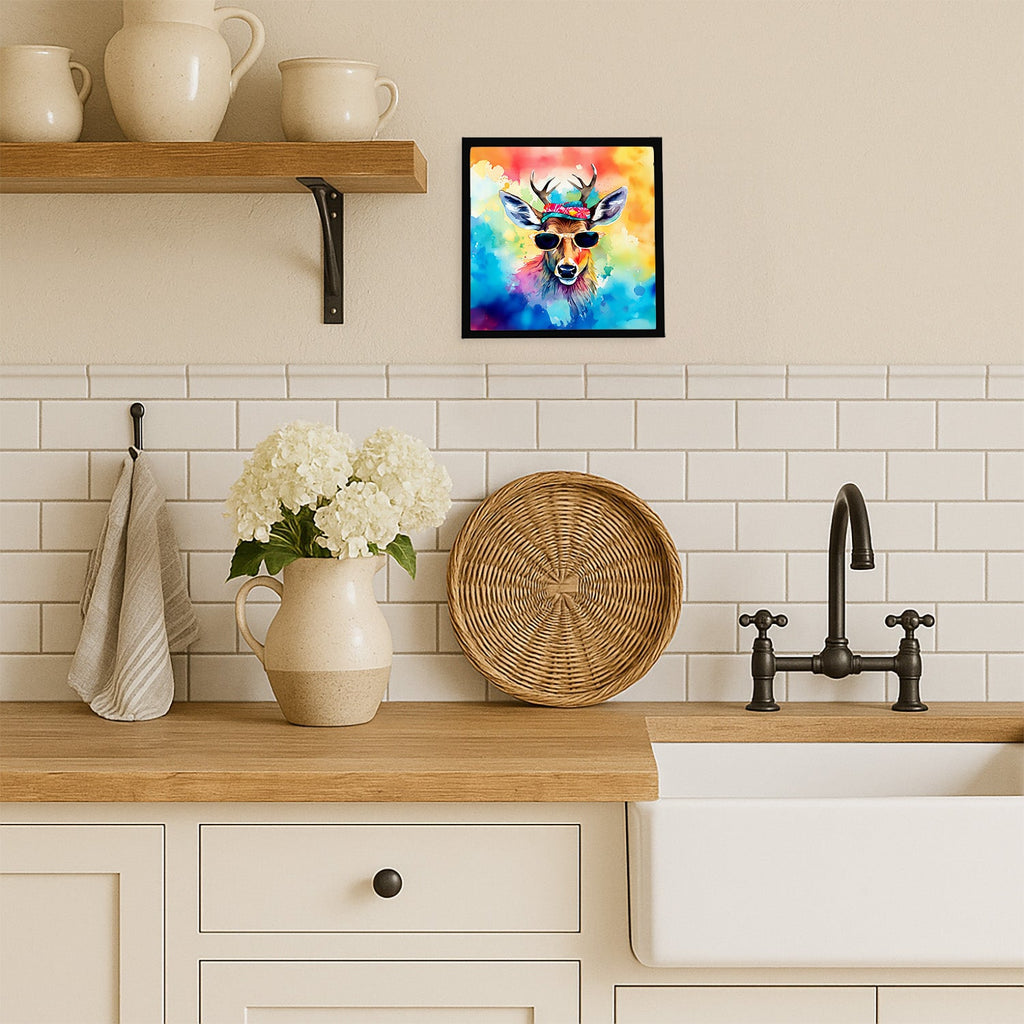Hippie Animal Deer Framed Metal Print Bathroom, Kitchen, Office, Home Decor Wall Art Ready to Hang, Square, 8X8