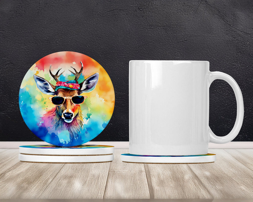 Hippie Animal Deer Large Sandstone Coasters Pack of 4 Absorbent Round Coasters Decor Gifts for Men or Women, 4 in, Multicolor
