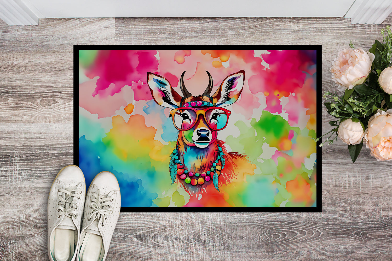 Hippie Animal Deer Doormat Indoor Outdoor 24H X 36W Front Door Mat Rugs for Entryway, Non Slip Washable Low Pile,