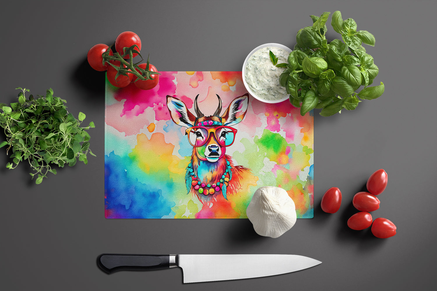 Hippie Animal Deer Cutting Board Tempered Glass Kitchen Cutting Surface, Heat Resistant Chopping, Non-Slip Feet, Food Prep & Serving