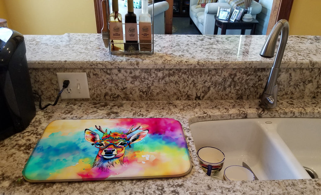 Hippie Animal Deer Dish Drying Mat Absorbent Dish Drying Mat Pad for Kitchen Counter Dish Drainer Mat for Countertop, 14 x 21", Multicolor