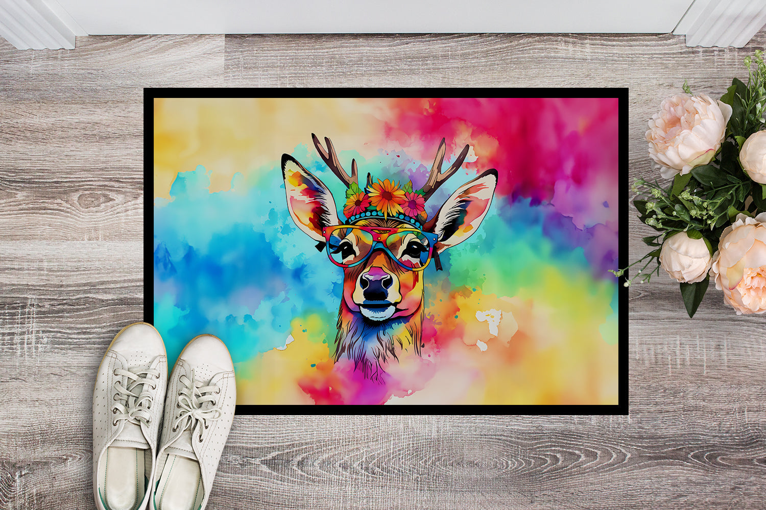 Hippie Animal Deer Doormat Indoor Outdoor 18H X 27W Front Door Mat Rugs for Entryway, Non Slip Washable