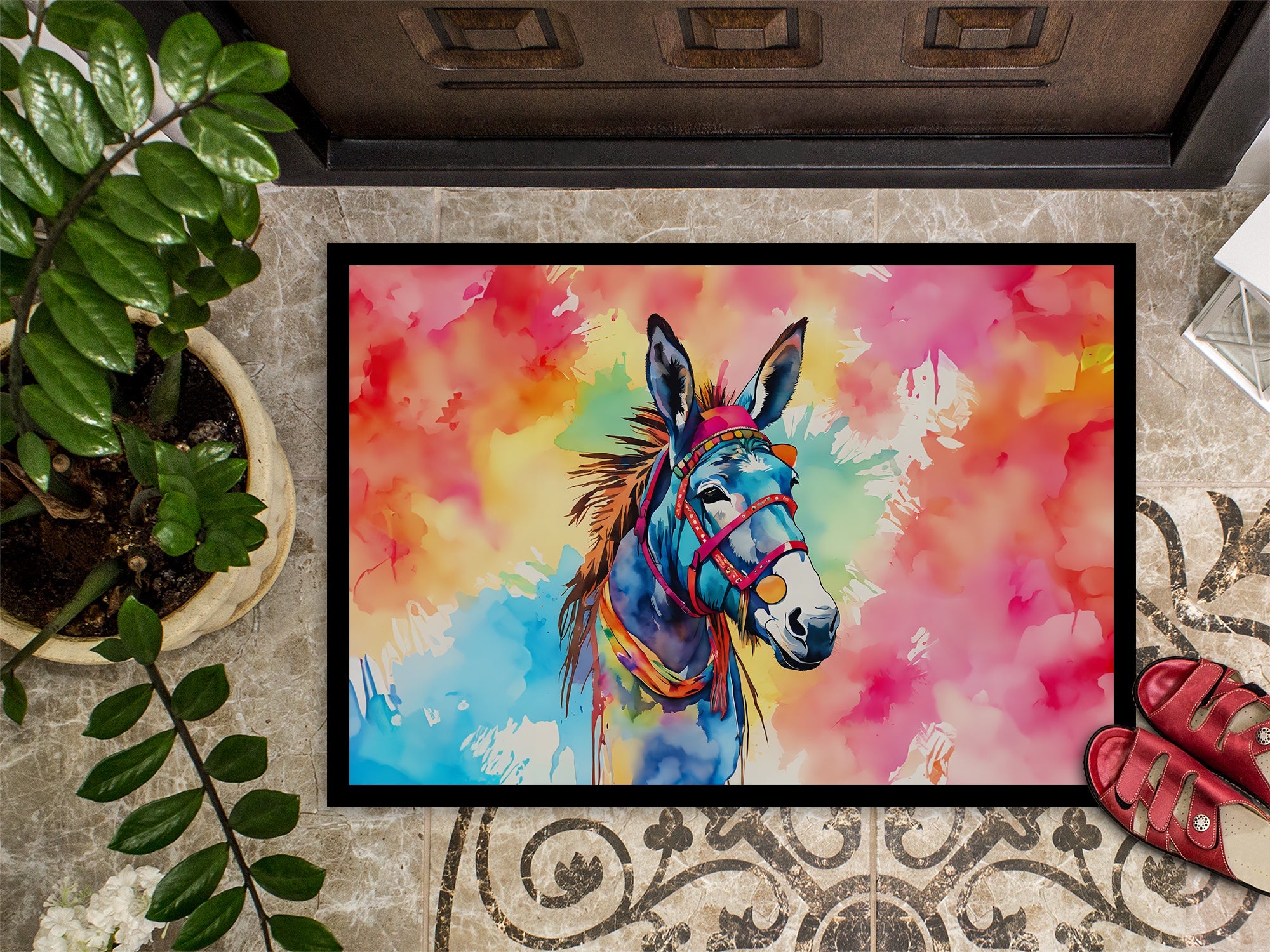 Hippie Animal Donkey Doormat Indoor Outdoor 24H X 36W Front Door Mat Rugs for Entryway, Non Slip Washable Low Pile,