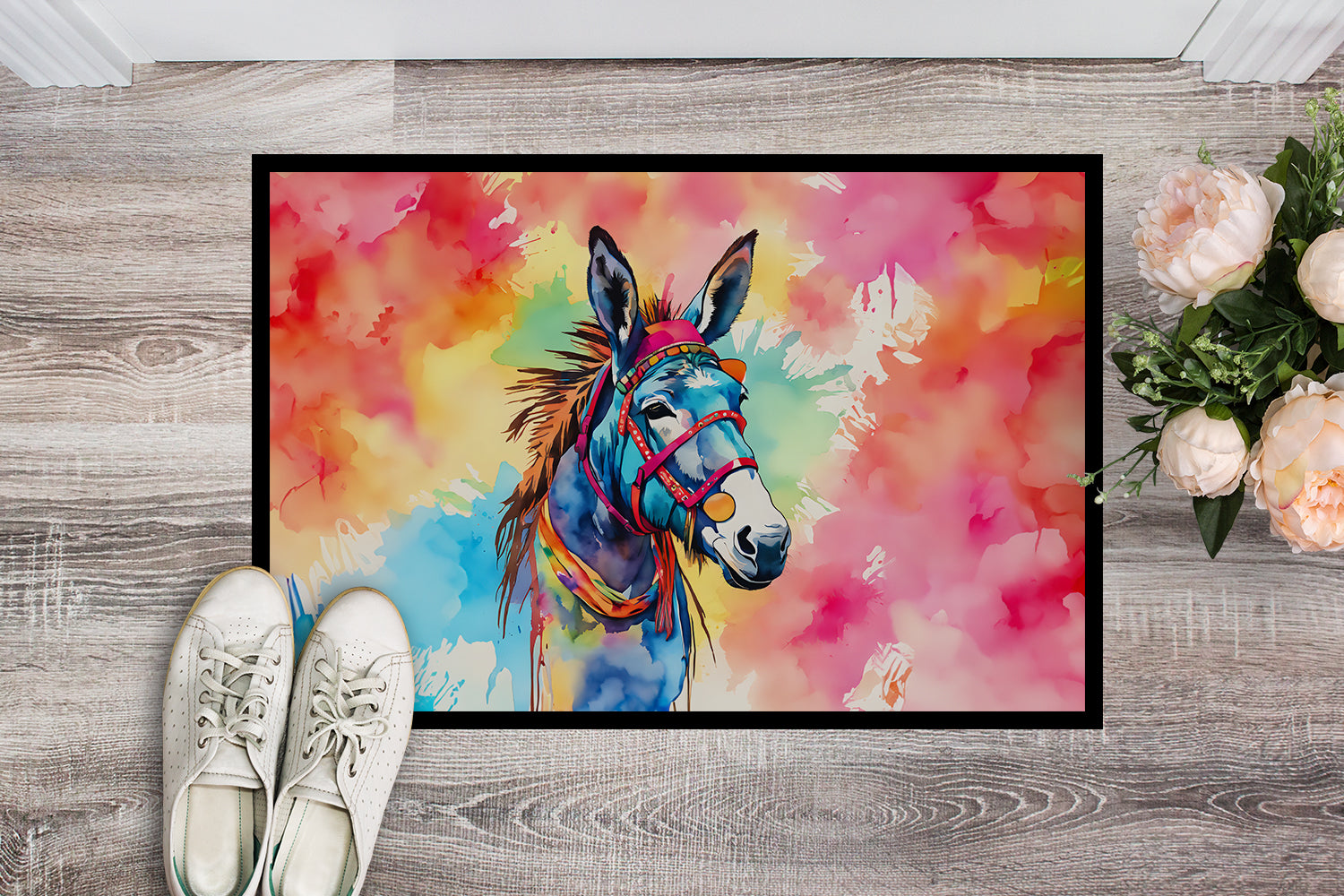 Hippie Animal Donkey Doormat Indoor Outdoor 18H X 27W Front Door Mat Rugs for Entryway, Non Slip Washable