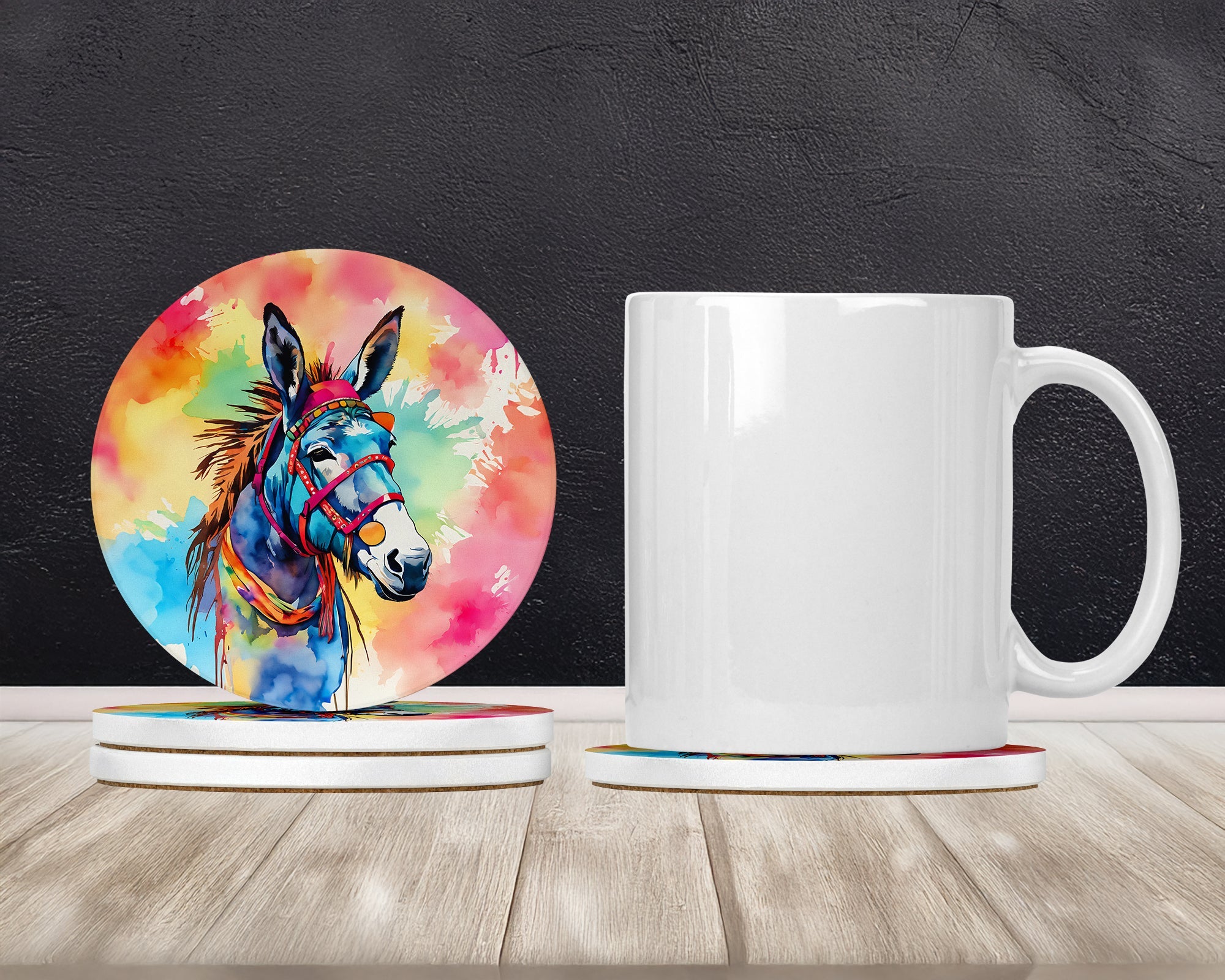 Hippie Animal Donkey Large Sandstone Coasters Pack of 4 Absorbent Round Coasters Decor Gifts for Men or Women, 4 in, Multicolor