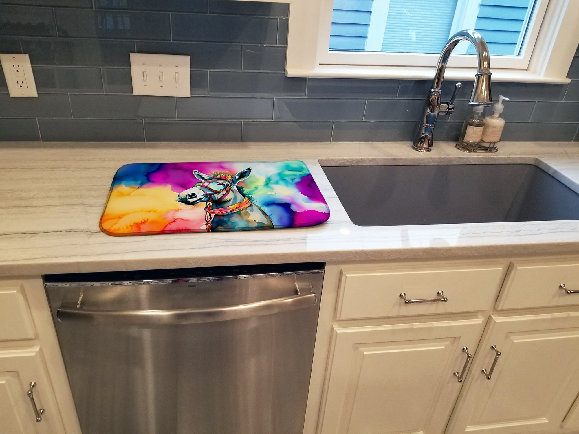 Hippie Animal Donkey Dish Drying Mat Absorbent Dish Drying Mat Pad for Kitchen Counter Dish Drainer Mat for Countertop, 14 x 21", Multicolor