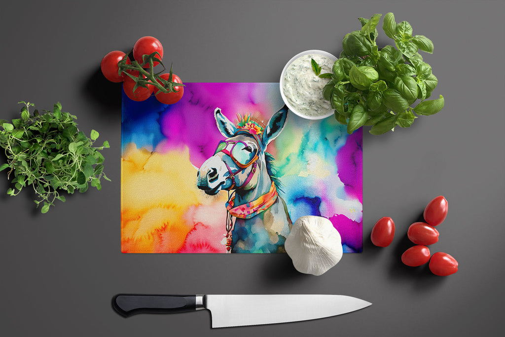 Hippie Animal Donkey Cutting Board Tempered Glass Kitchen Cutting Surface, Heat Resistant Chopping, Non-Slip Feet, Food Prep & Serving