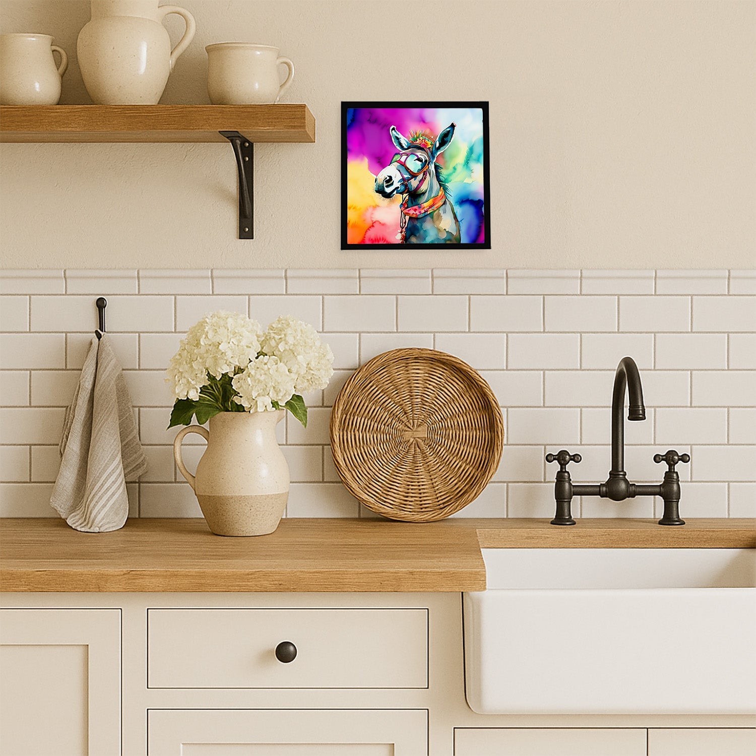 Hippie Animal Donkey Framed Metal Print Bathroom, Kitchen, Office, Home Decor Wall Art Ready to Hang, Square, 8X8