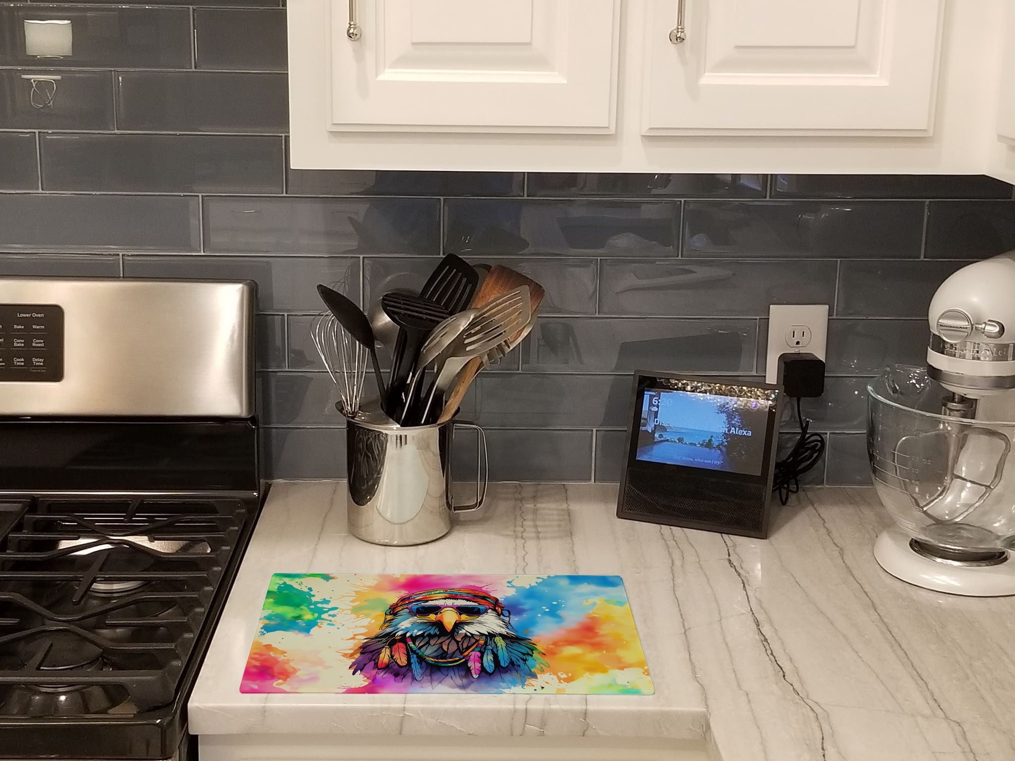 Hippie Animal Eagle Cutting Board Tempered Glass Kitchen Cutting Surface, Heat Resistant Chopping, Non-Slip Feet, Food Prep & Serving