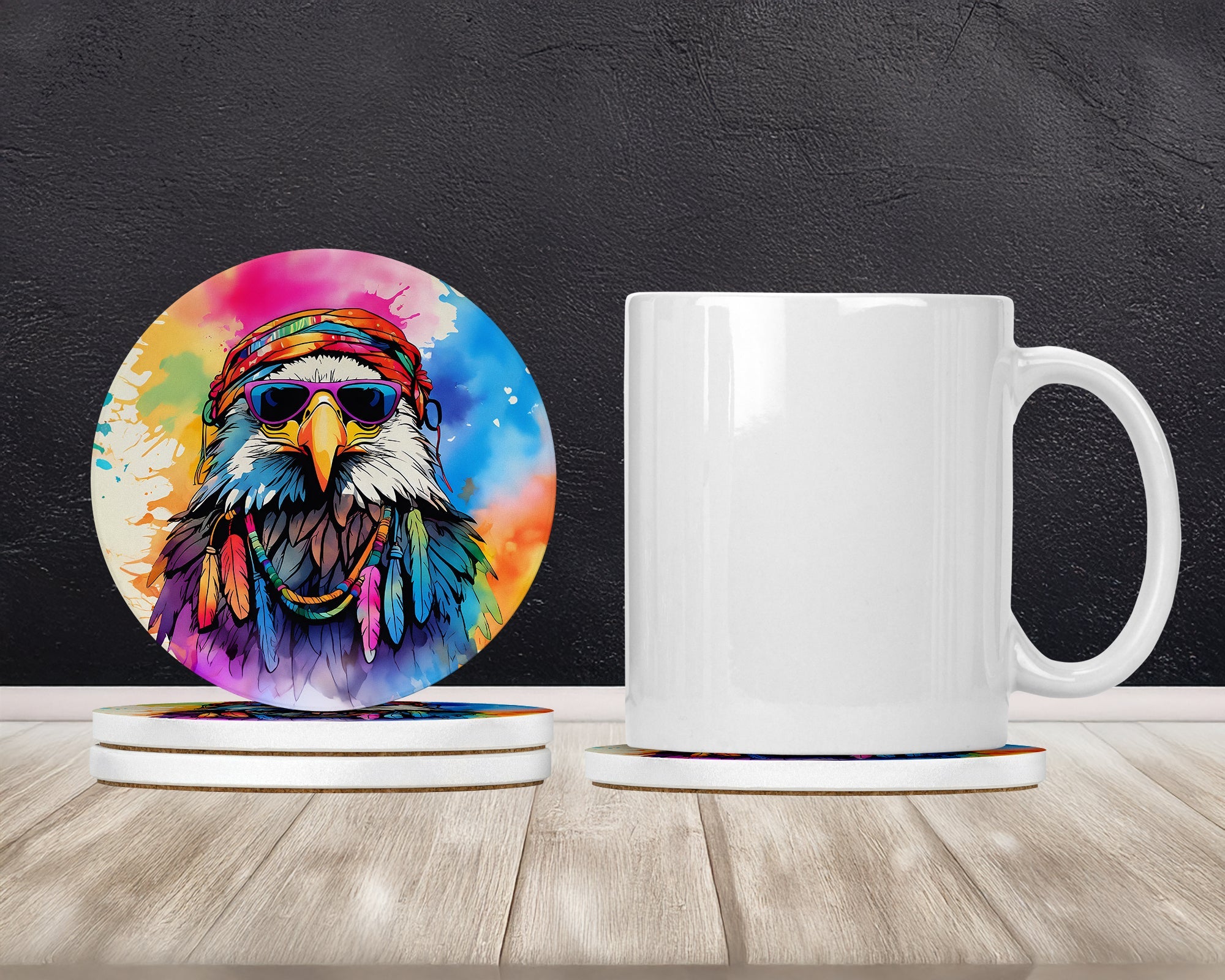 Hippie Animal Eagle Large Sandstone Coasters Pack of 4 Absorbent Round Coasters Decor Gifts for Men or Women, 4 in, Multicolor