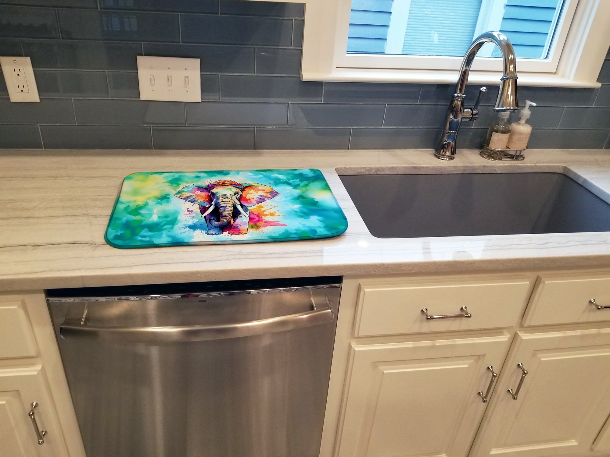 Hippie Animal Elephant Dish Drying Mat Absorbent Dish Drying Mat Pad for Kitchen Counter Dish Drainer Mat for Countertop, 14 x 21", Multicolor