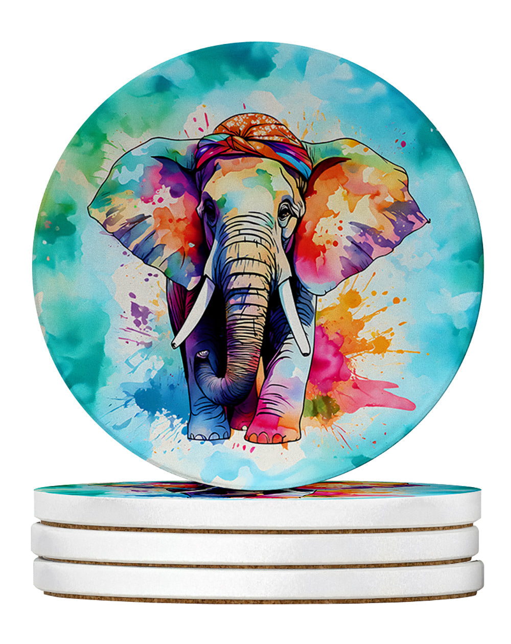 Hippie Animal Elephant Large Sandstone Coasters Pack of 4 Absorbent Round Coasters Decor Gifts for Men or Women, 4 in, Multicolor