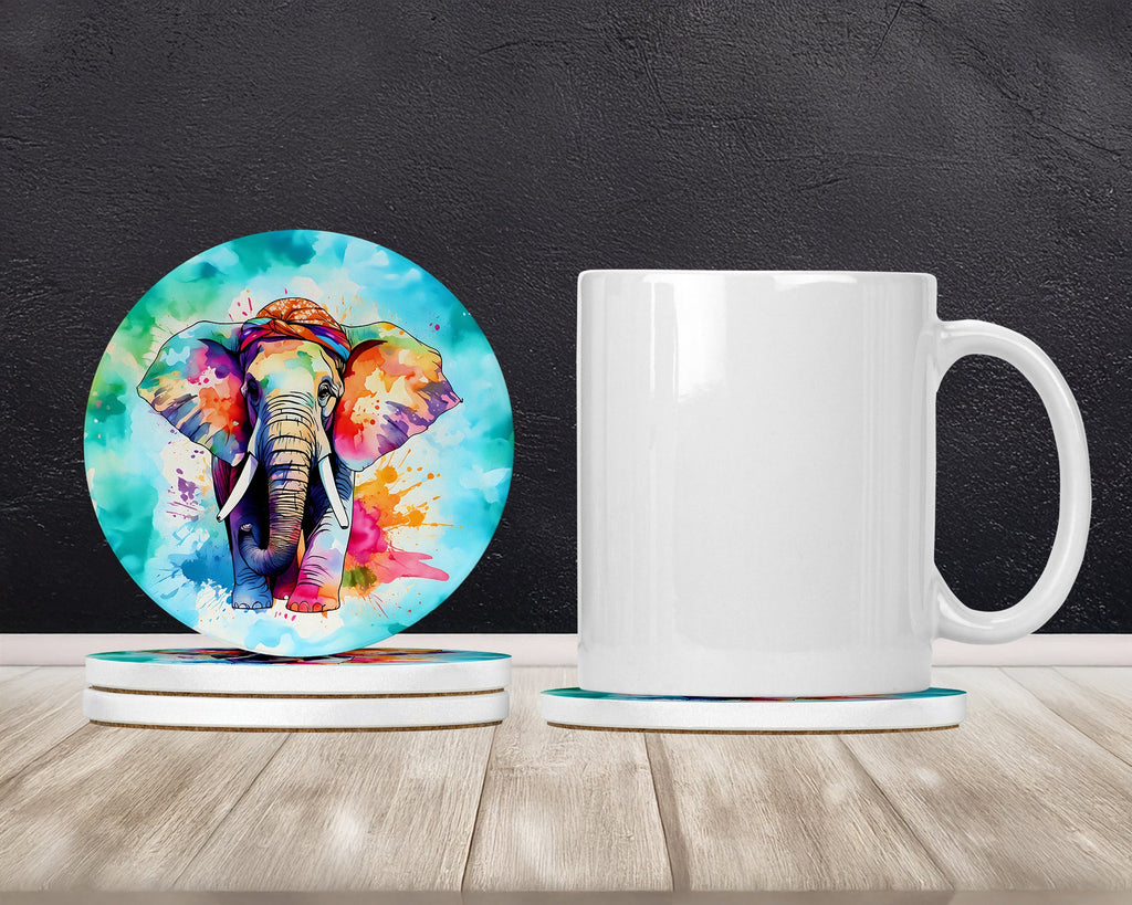Hippie Animal Elephant Large Sandstone Coasters Pack of 4 Absorbent Round Coasters Decor Gifts for Men or Women, 4 in, Multicolor