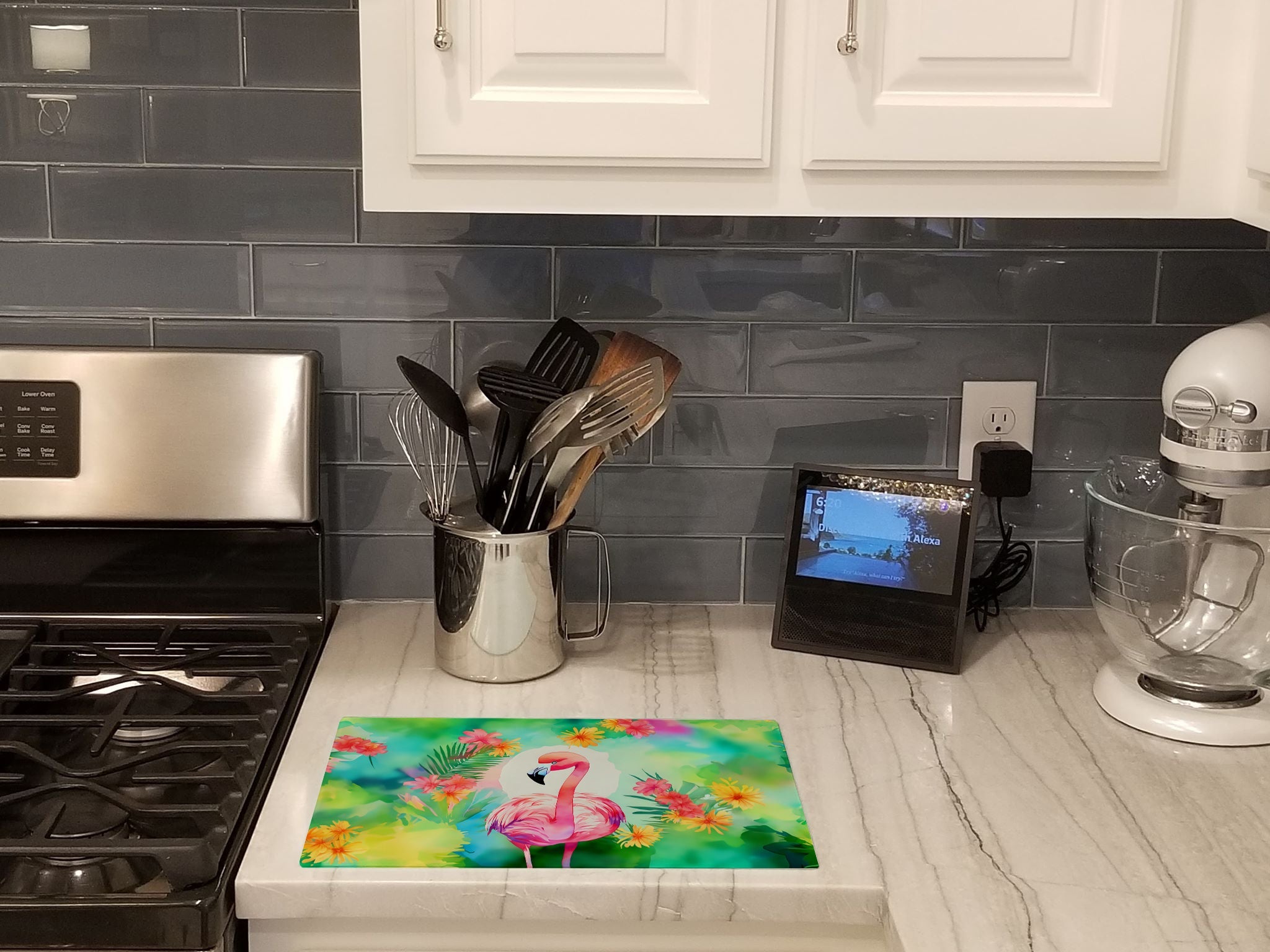 Hippie Animal Flamingo Cutting Board Tempered Glass Kitchen Cutting Surface, Heat Resistant Chopping, Non-Slip Feet, Food Prep & Serving