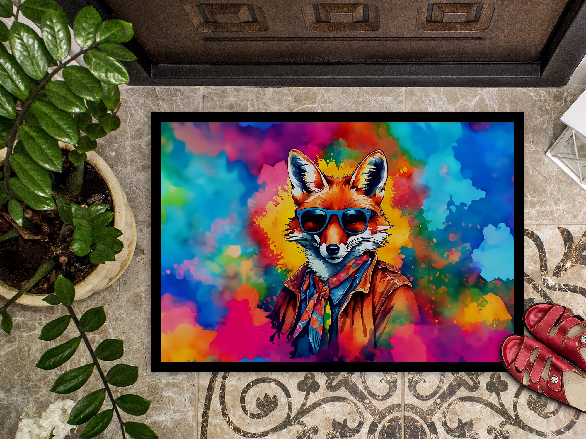 Hippie Animal Fox Doormat Indoor Outdoor 24H X 36W Front Door Mat Rugs for Entryway, Non Slip Washable Low Pile,