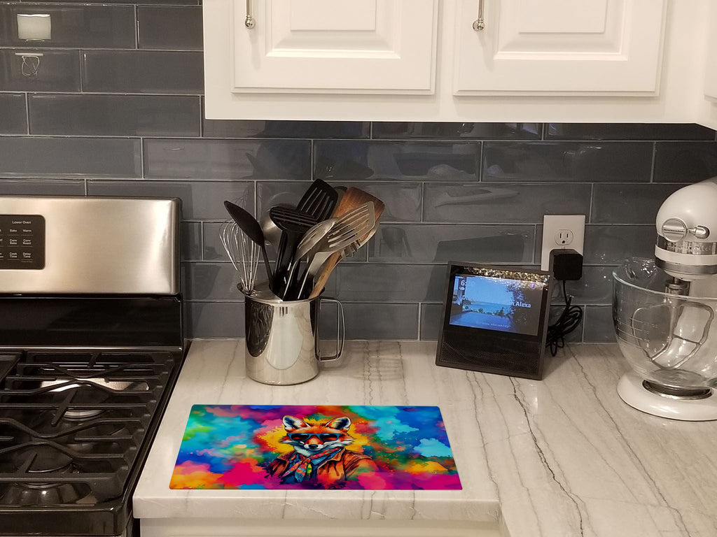 Hippie Animal Fox Cutting Board Tempered Glass Kitchen Cutting Surface, Heat Resistant Chopping, Non-Slip Feet, Food Prep & Serving