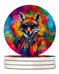 Hippie Animal Fox Large Sandstone Coasters Pack of 4 Absorbent Round Coasters Decor Gifts for Men or Women, 4 in, Multicolor