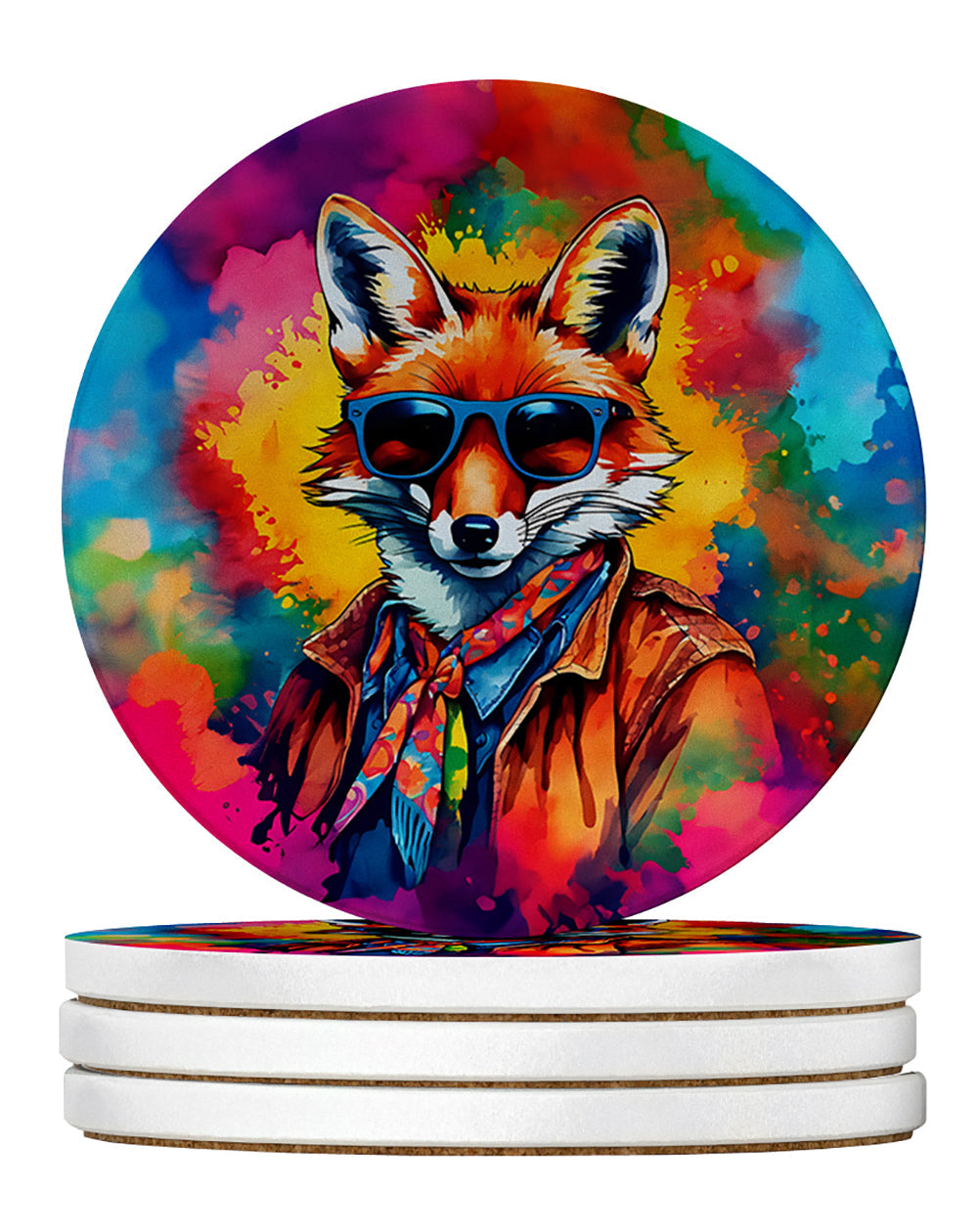 Hippie Animal Fox Large Sandstone Coasters Pack of 4 Absorbent Round Coasters Decor Gifts for Men or Women, 4 in, Multicolor