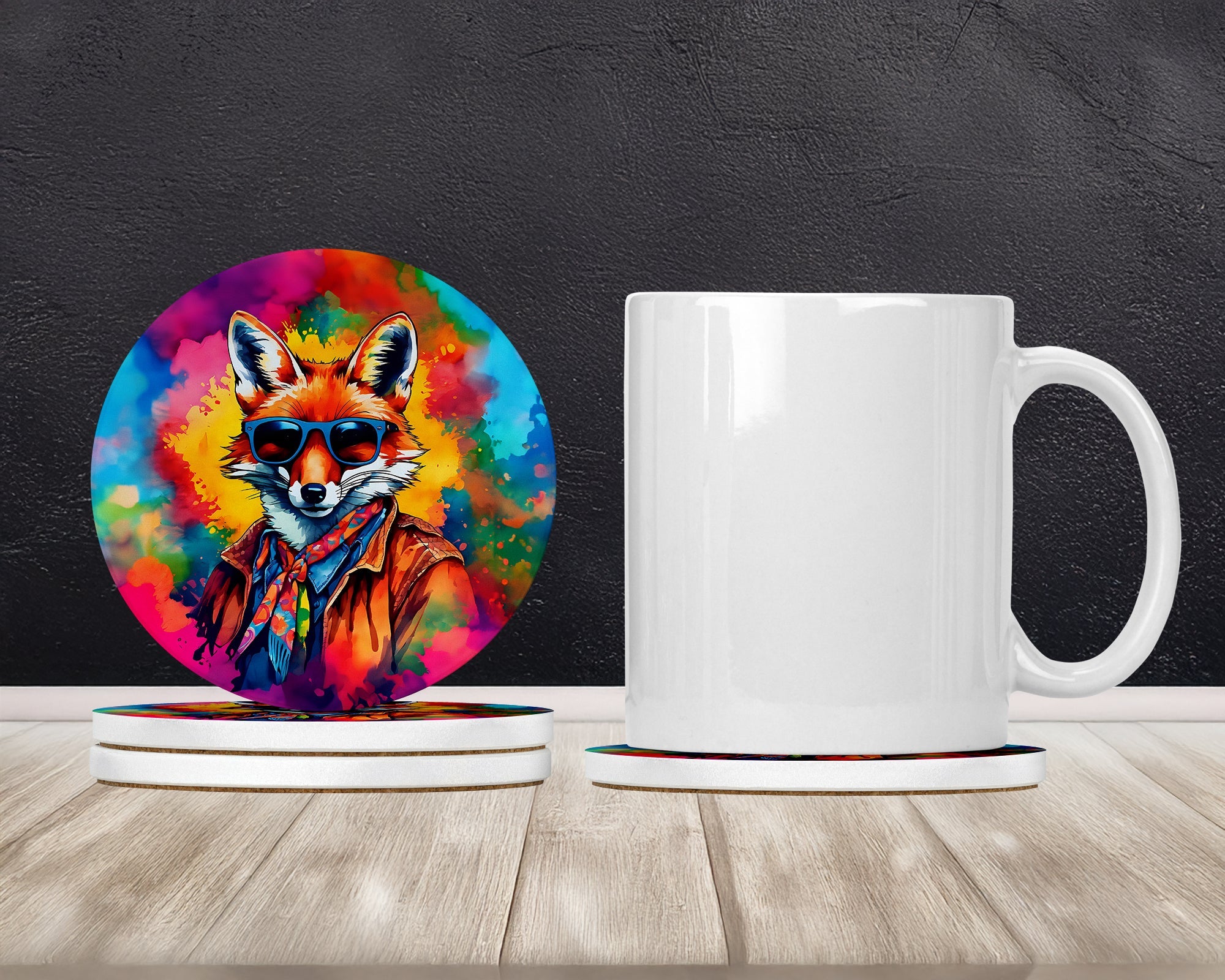 Hippie Animal Fox Large Sandstone Coasters Pack of 4 Absorbent Round Coasters Decor Gifts for Men or Women, 4 in, Multicolor