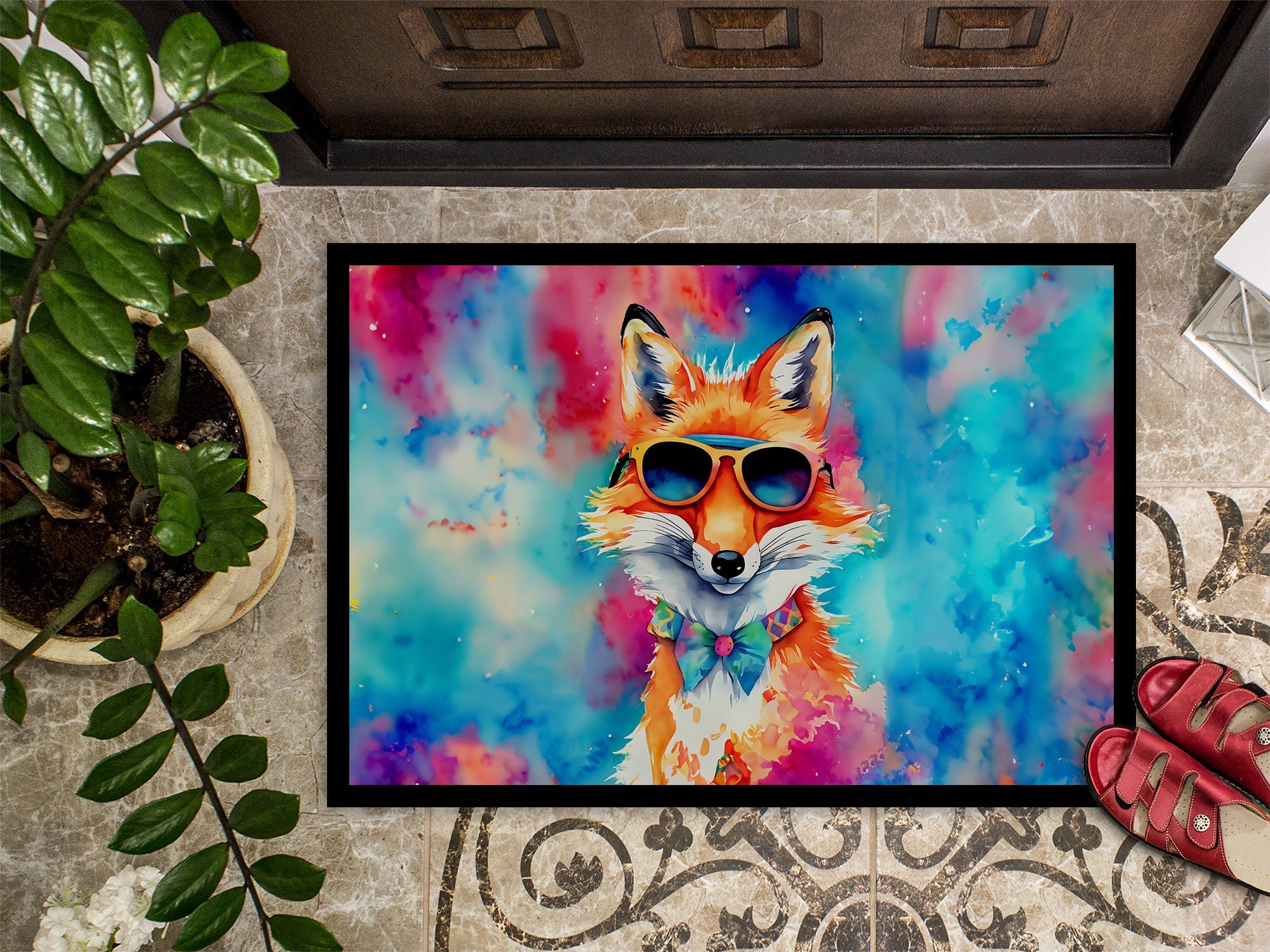 Hippie Animal Fox Doormat Indoor Outdoor 24H X 36W Front Door Mat Rugs for Entryway, Non Slip Washable Low Pile,