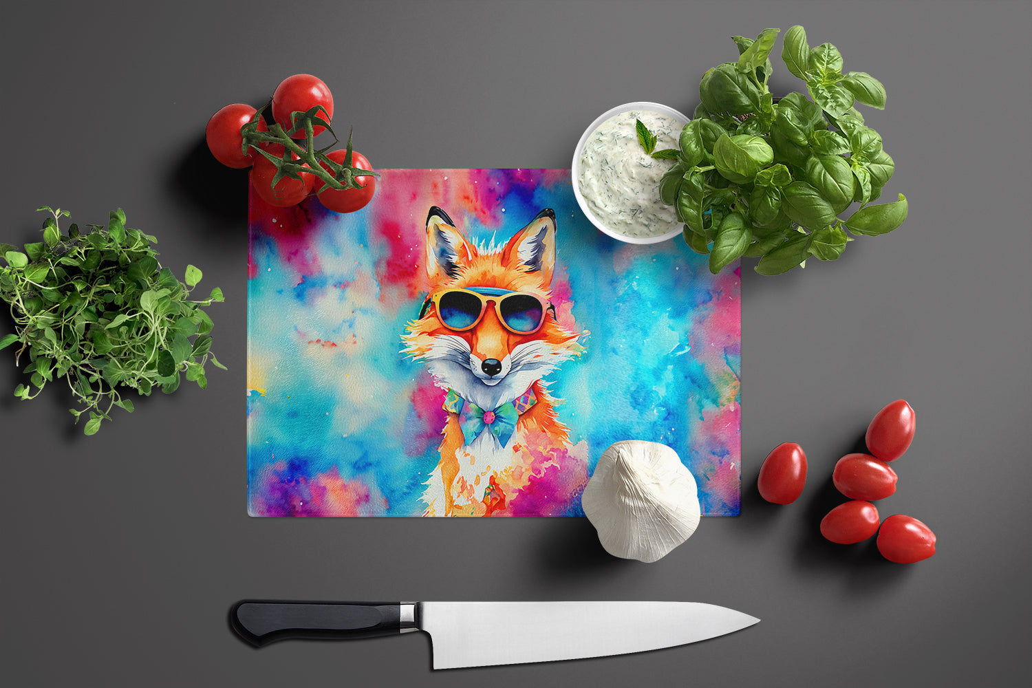 Hippie Animal Fox Cutting Board Tempered Glass Kitchen Cutting Surface, Heat Resistant Chopping, Non-Slip Feet, Food Prep & Serving
