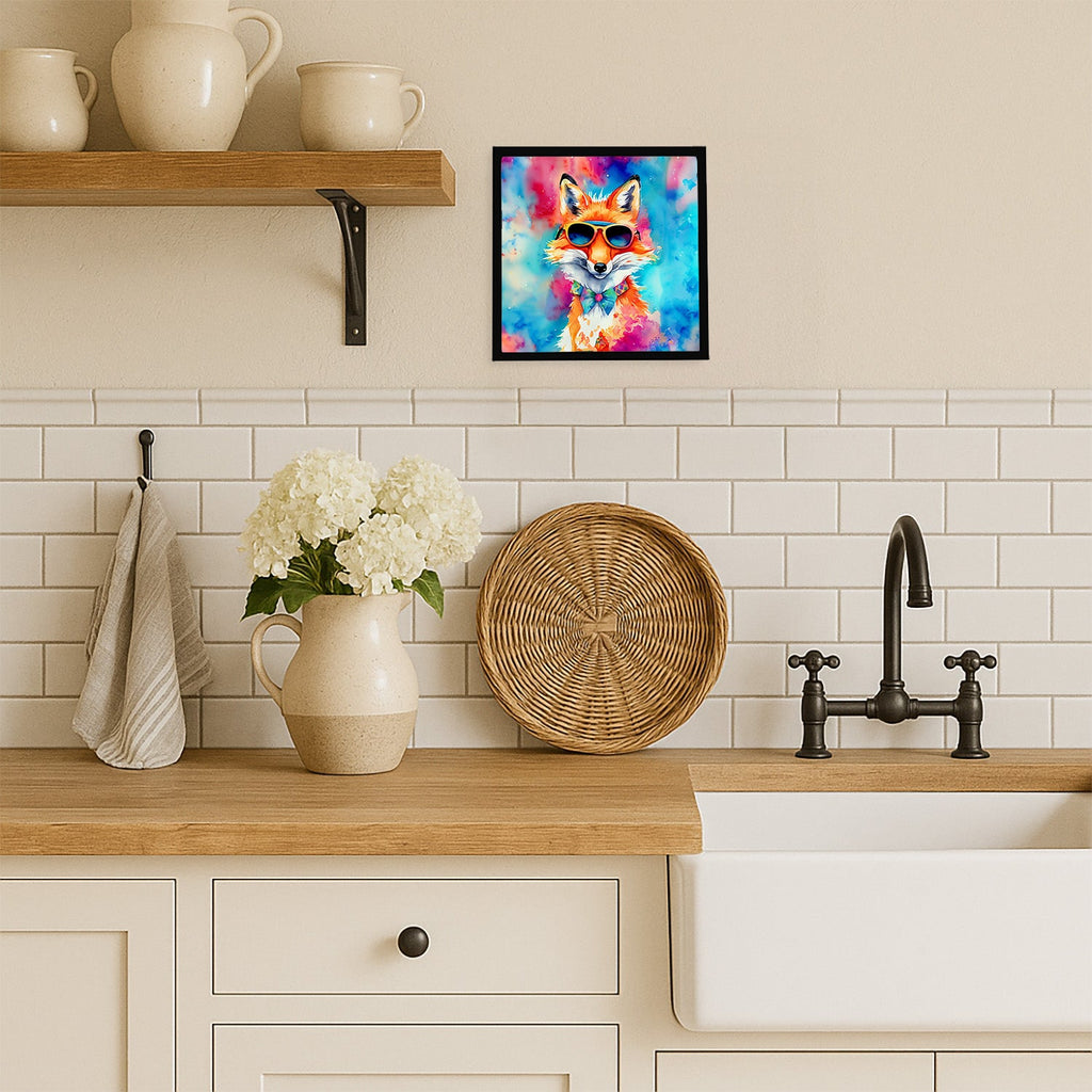 Hippie Animal Fox Framed Metal Print Bathroom, Kitchen, Office, Home Decor Wall Art Ready to Hang, Square, 8X8