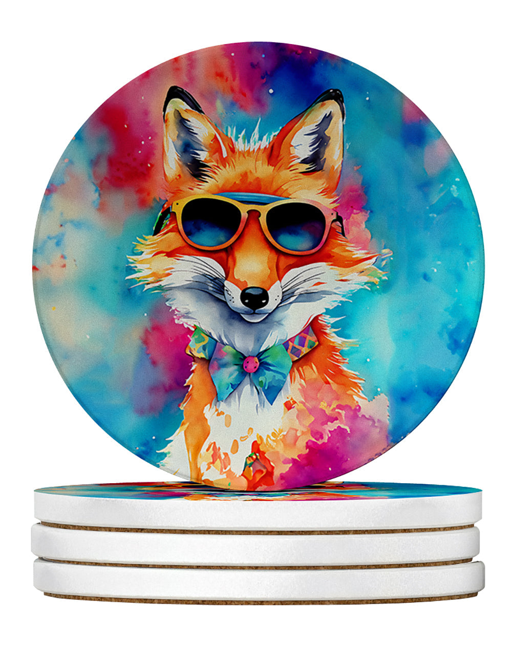 Hippie Animal Fox Large Sandstone Coasters Pack of 4 Absorbent Round Coasters Decor Gifts for Men or Women, 4 in, Multicolor