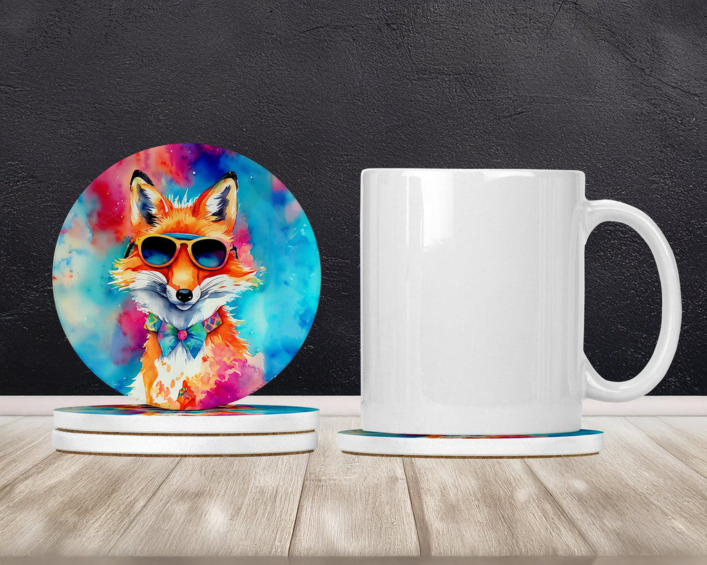 Hippie Animal Fox Large Sandstone Coasters Pack of 4 Absorbent Round Coasters Decor Gifts for Men or Women, 4 in, Multicolor