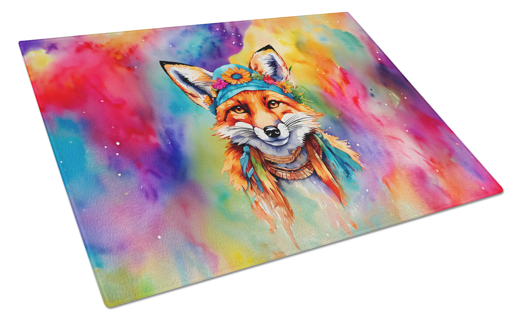 Hippie Animal Fox Cutting Board Tempered Glass Kitchen Cutting Surface, Heat Resistant Chopping, Non-Slip Feet, Food Prep & Serving