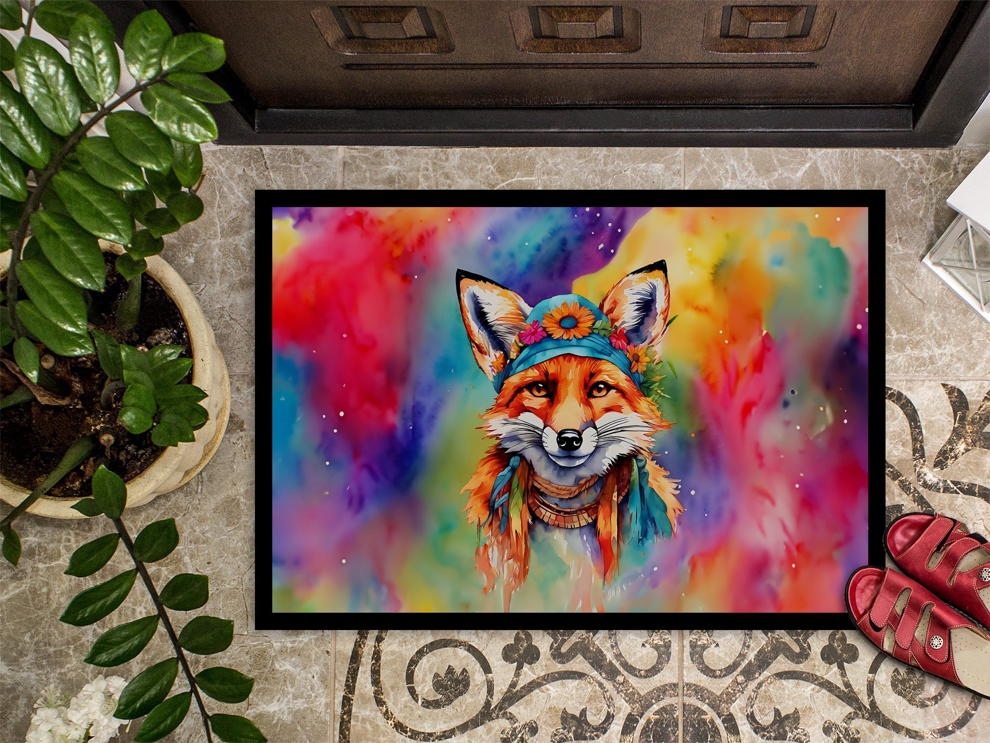 Hippie Animal Fox Doormat Indoor Outdoor 18H X 27W Front Door Mat Rugs for Entryway, Non Slip Washable
