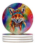 Hippie Animal Fox Large Sandstone Coasters Pack of 4 Absorbent Round Coasters Decor Gifts for Men or Women, 4 in, Multicolor