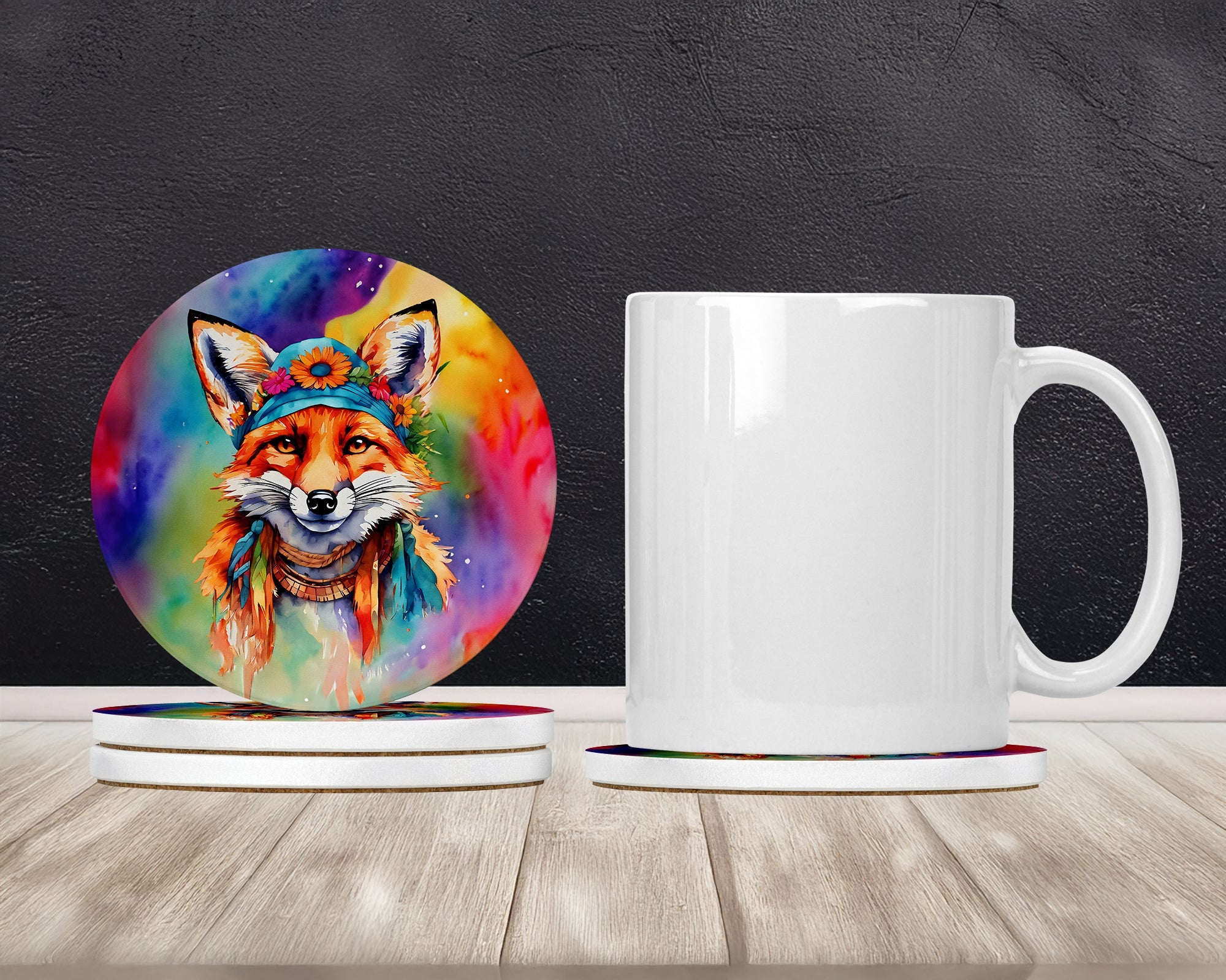Hippie Animal Fox Large Sandstone Coasters Pack of 4 Absorbent Round Coasters Decor Gifts for Men or Women, 4 in, Multicolor