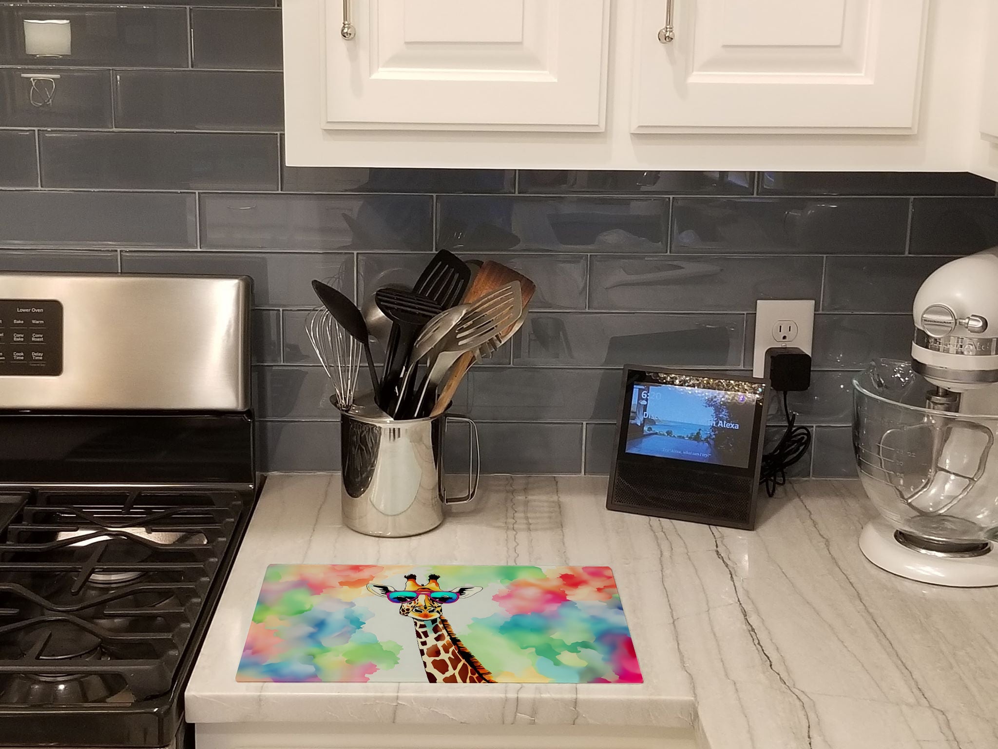 Hippie Animal Giraffe Cutting Board Tempered Glass Kitchen Cutting Surface, Heat Resistant Chopping, Non-Slip Feet, Food Prep & Serving