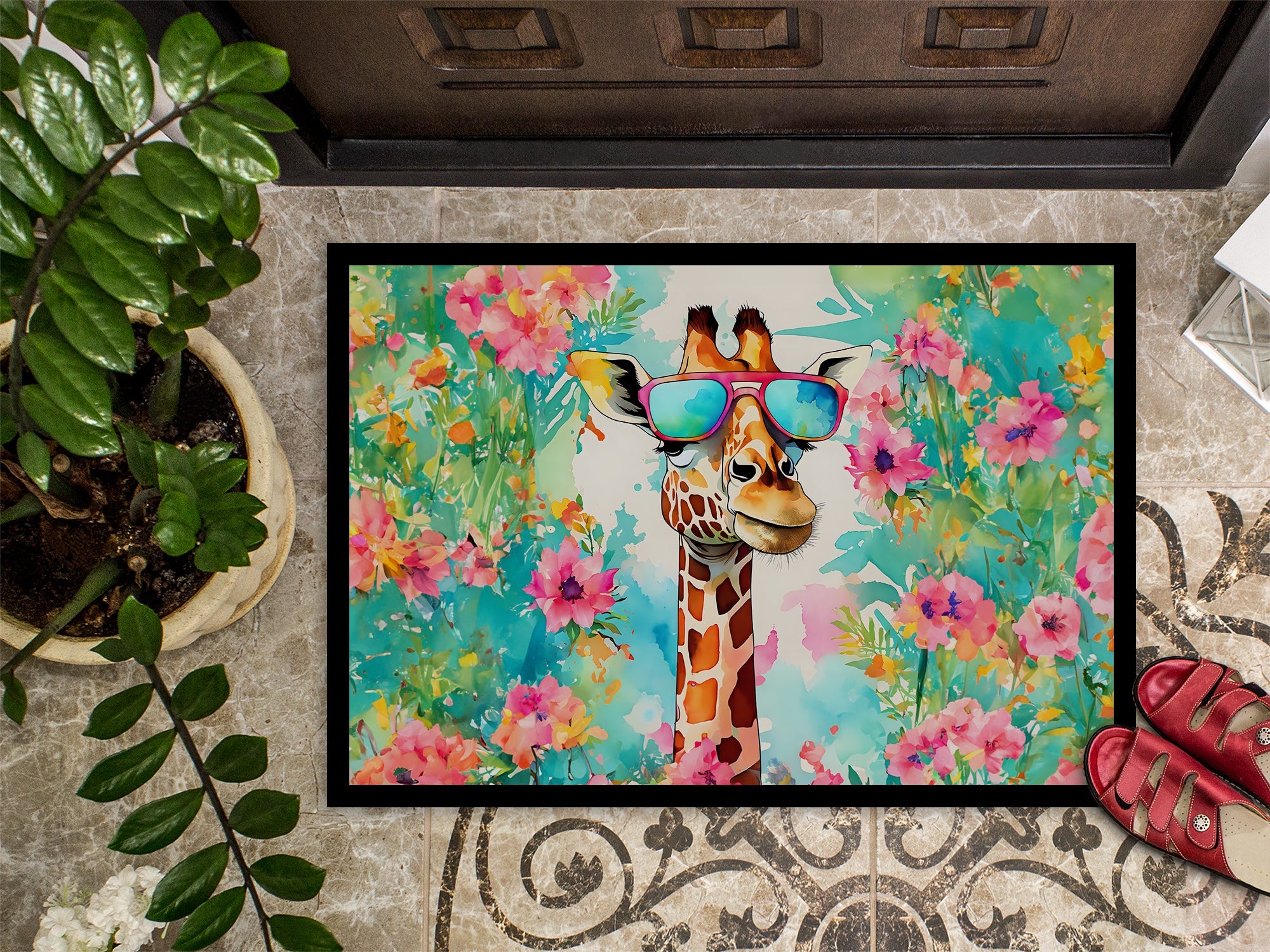 Hippie Animal Giraffe Doormat Indoor Outdoor 18H X 27W Front Door Mat Rugs for Entryway, Non Slip Washable