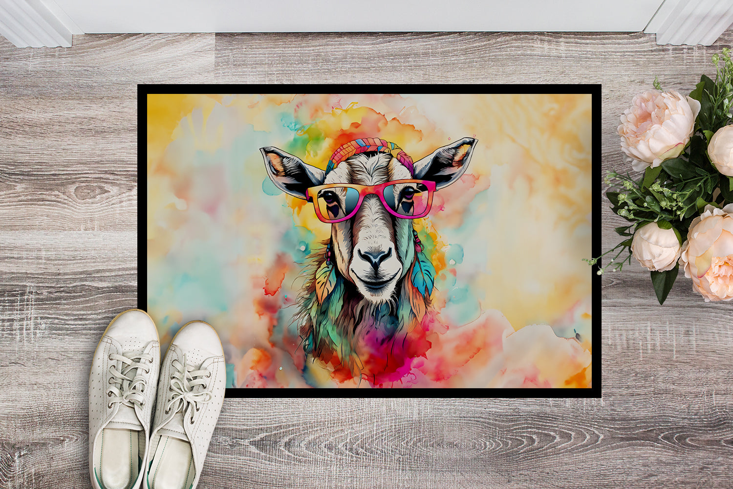 Hippie Animal Goat Doormat Indoor Outdoor 24H X 36W Front Door Mat Rugs for Entryway, Non Slip Washable Low Pile,