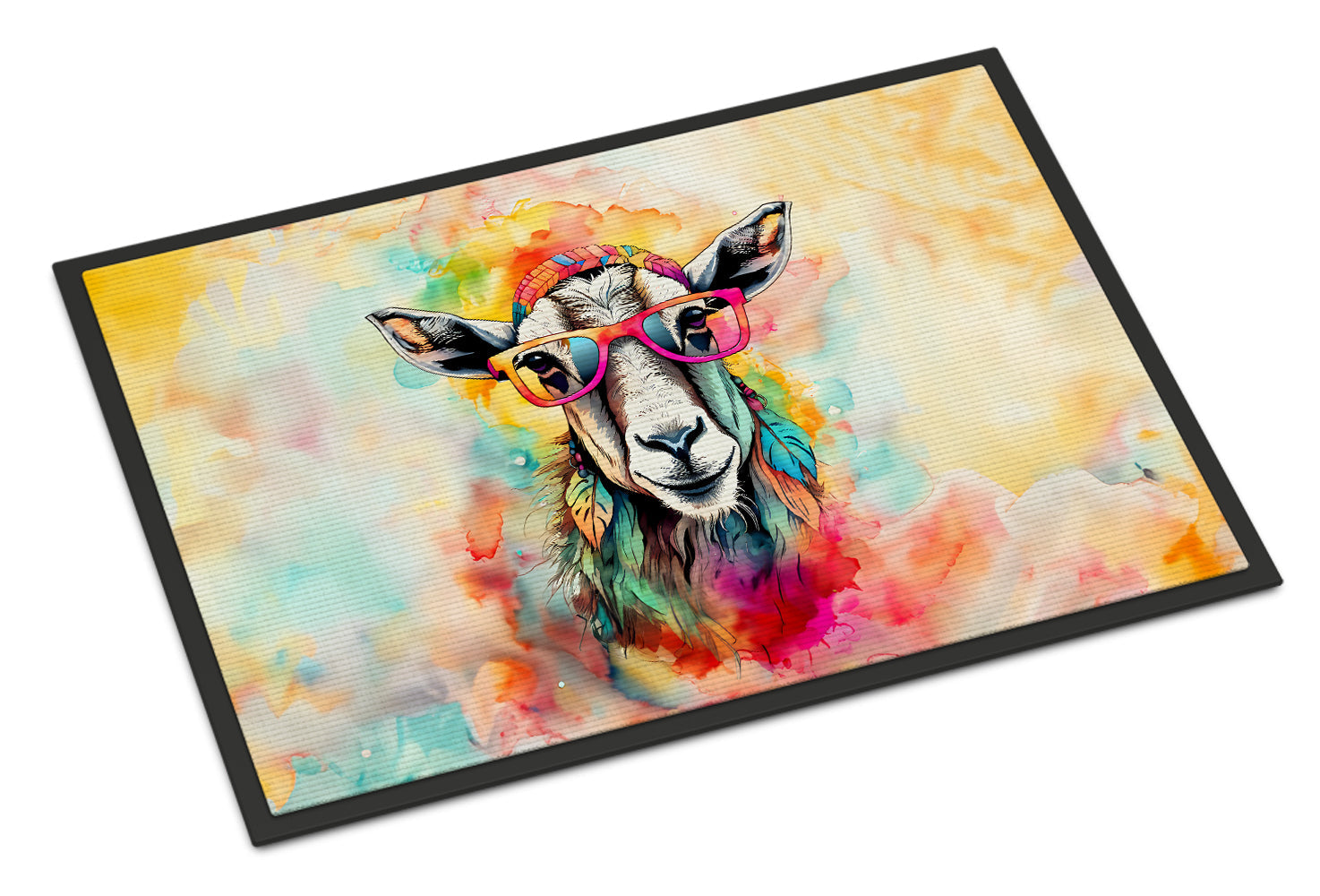 Hippie Animal Goat Doormat Indoor Outdoor 18H X 27W Front Door Mat Rugs for Entryway, Non Slip Washable